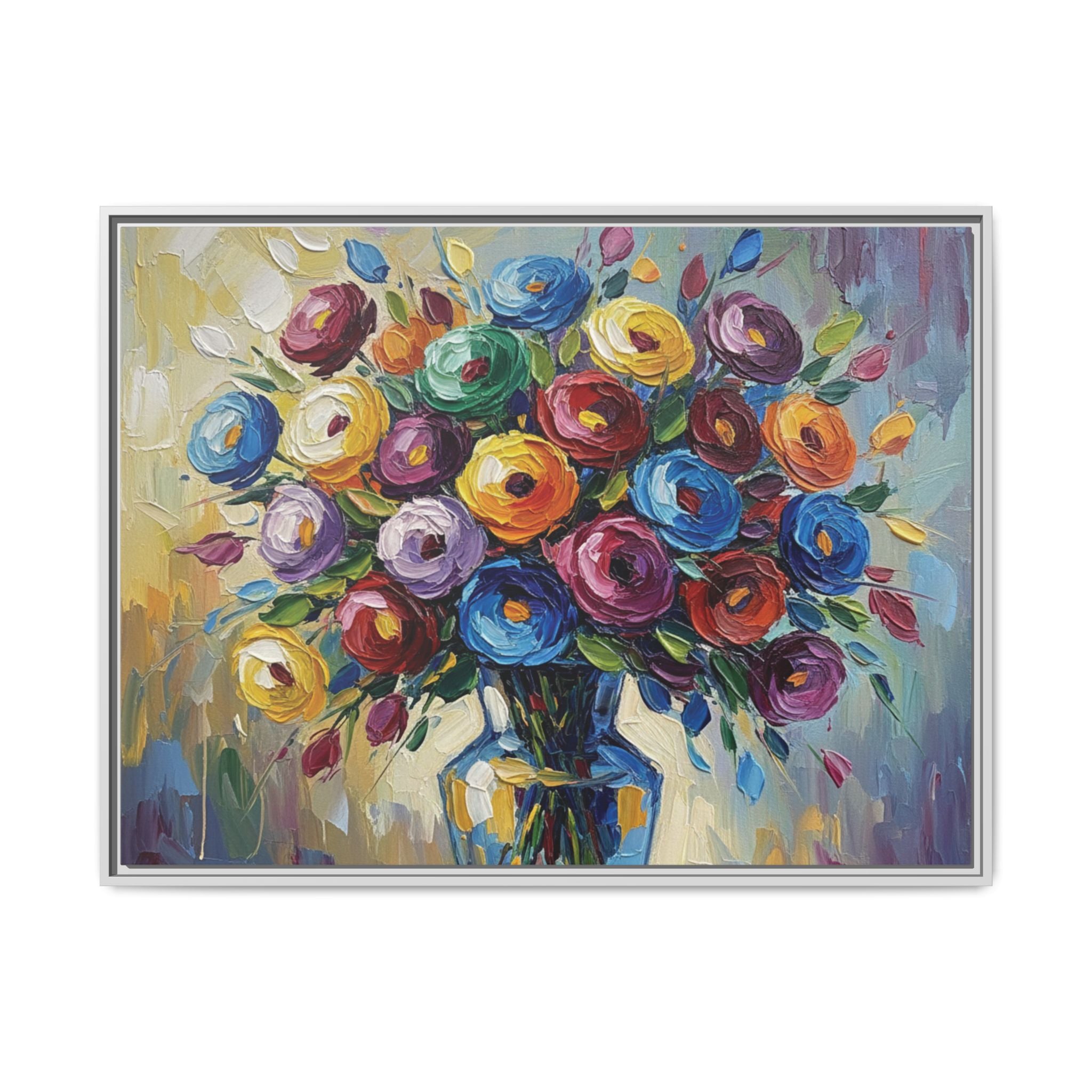 Impression sur toile bouquet floral aquarelle - Tableau mural encadré mat - Illusion de peinture à l'huile vibrante