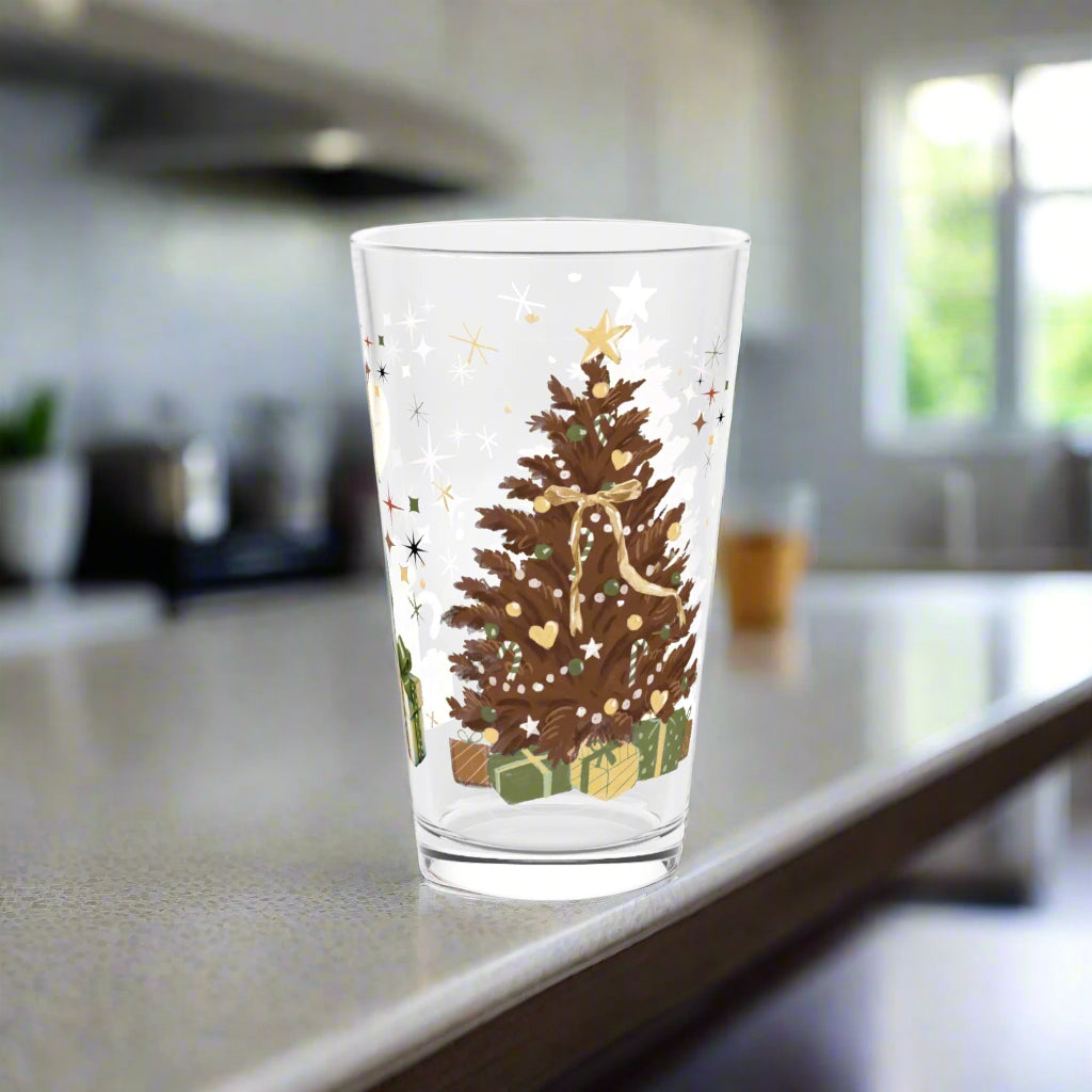 16oz Christmas Tree Pint Glass, Brown Holiday Glassware, Rustic Xmas Drink Cup, Festive Winter Bar Decor, Holiday Gift for Him, Cozy Christmas Vibes