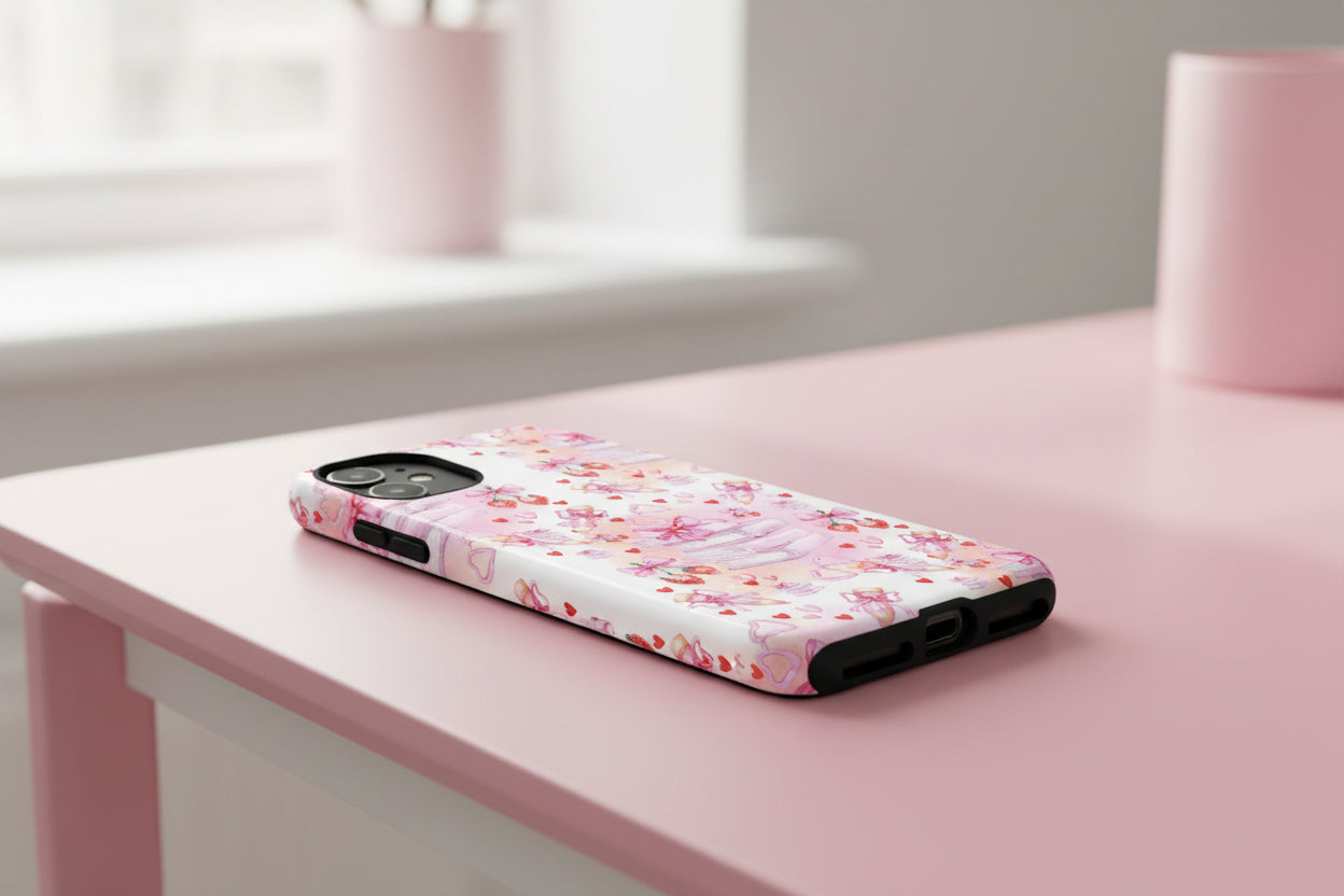 Phone case with pink and white design featuring hearts, bows, and books on a white background
