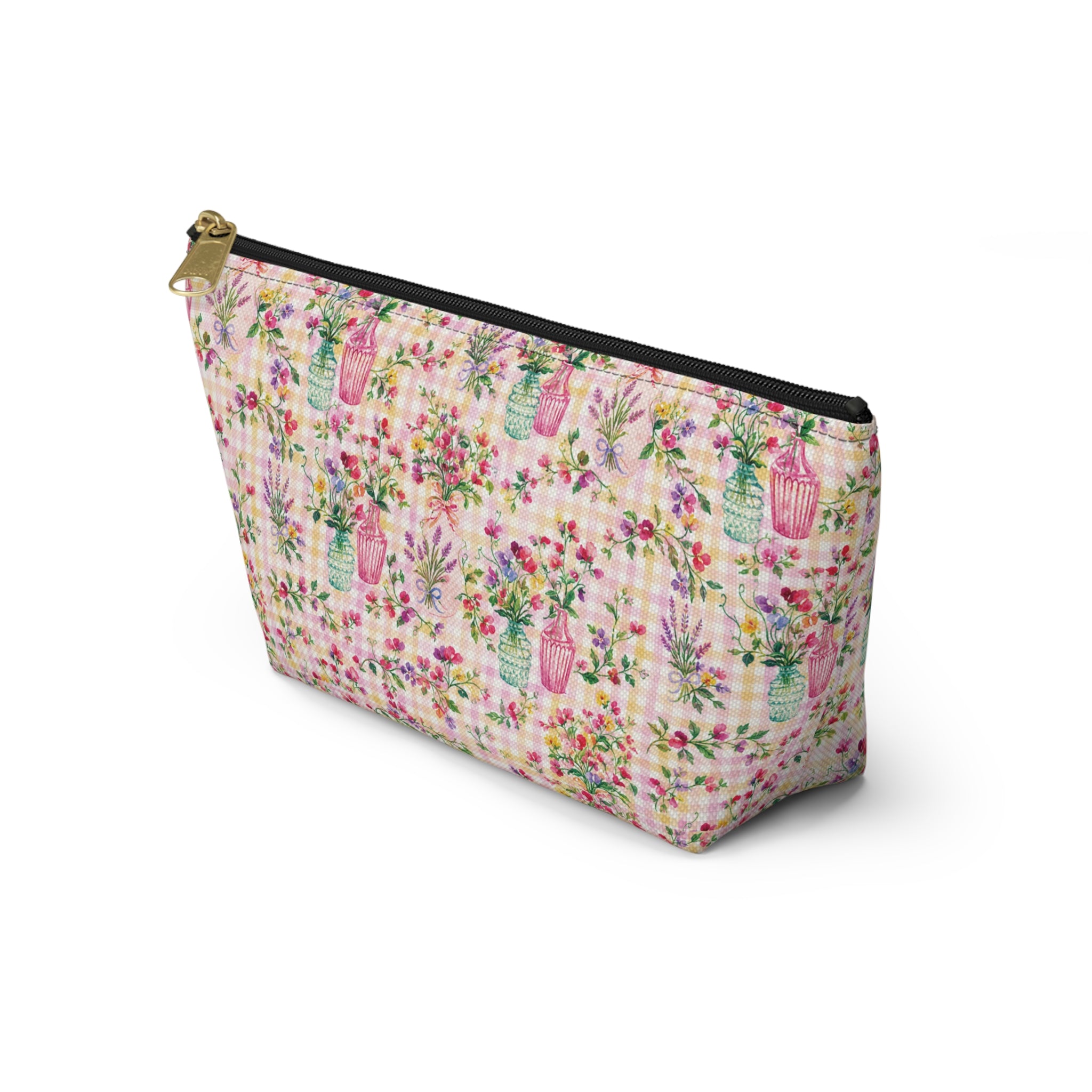 Trousse à accessoires à carreaux floraux turquoise et rose (fond en T) Maquillage, Sac cadeau pour elle