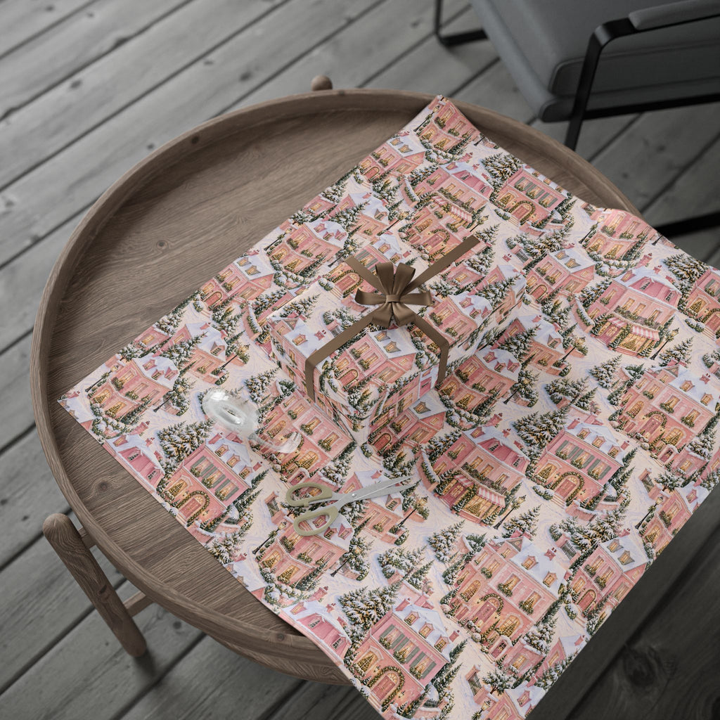 Wrapping Paper — Pink Snowy Village Holiday Gift Wrap (Festive Cottage Pattern)