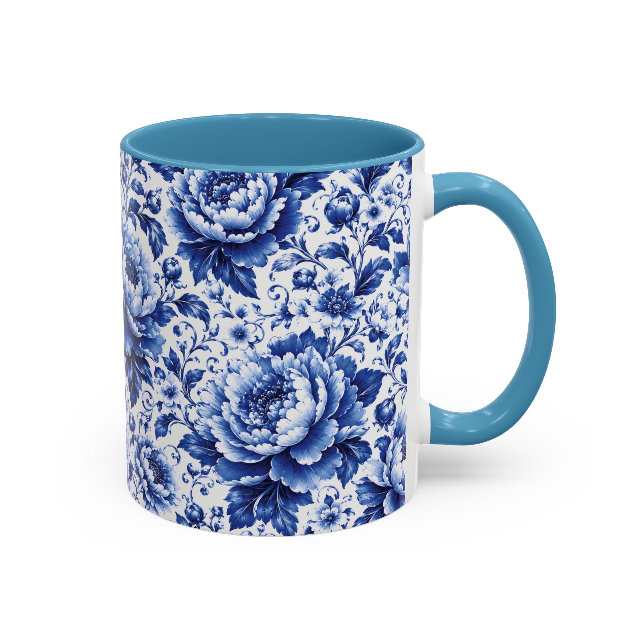 Blue Floral Ceramic Coffee Mug — Vintage Delft Peony Accent (11oz & 15oz) Blue & White Chinoiserie Tea Mug