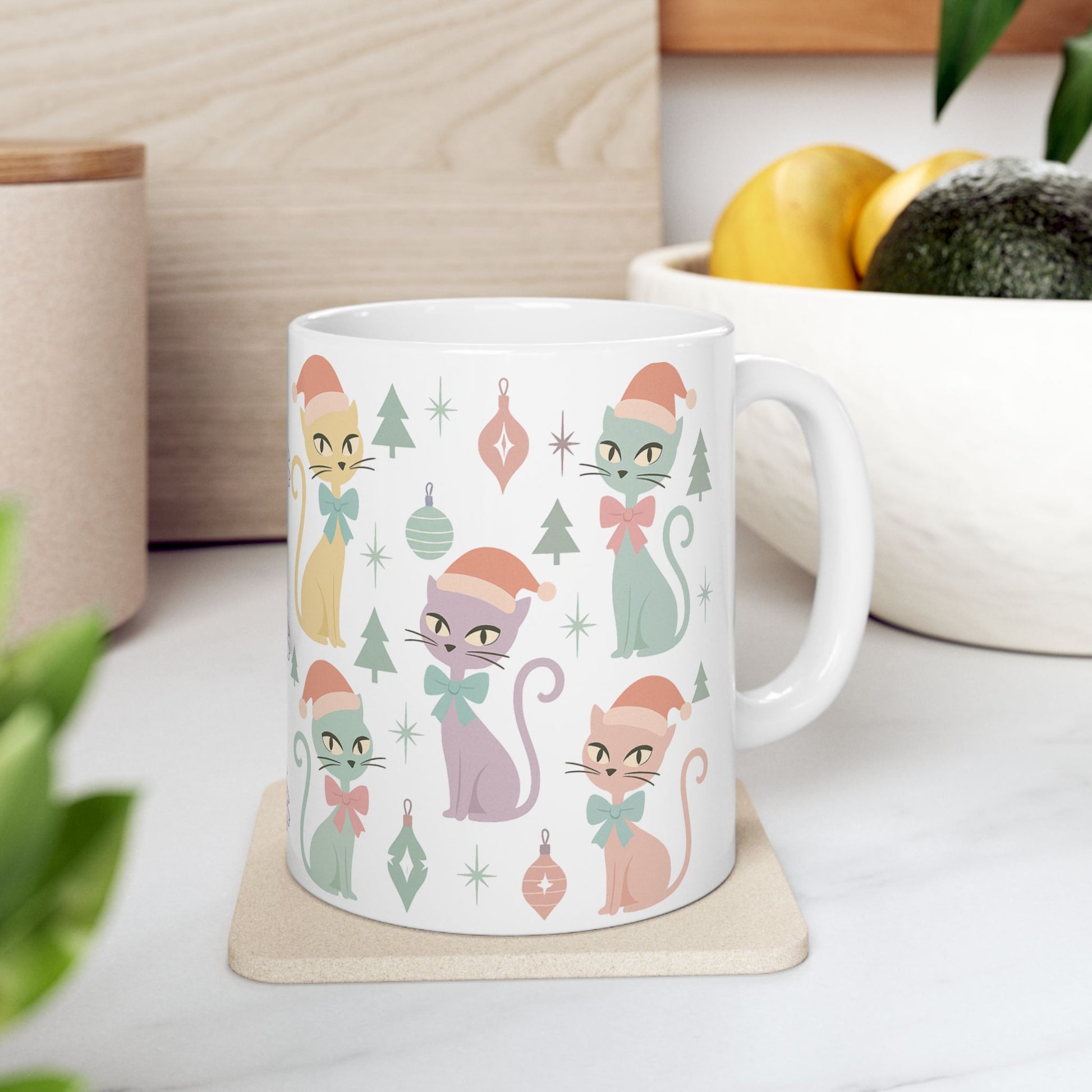 Pastel Atomic Cat Mug, Retro Mid Century Modern Coffee Cup, Vintage Kitty Design with Coquette Bow, 11oz & 15oz Ceramic Mug for Cat Lovers