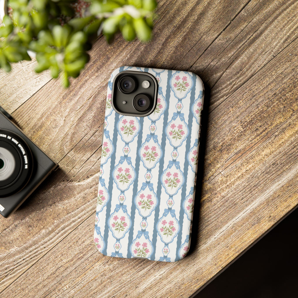 Coque de téléphone Vintage Nœud Bleu et Rose — Motif floral romantique « Tough Cases »