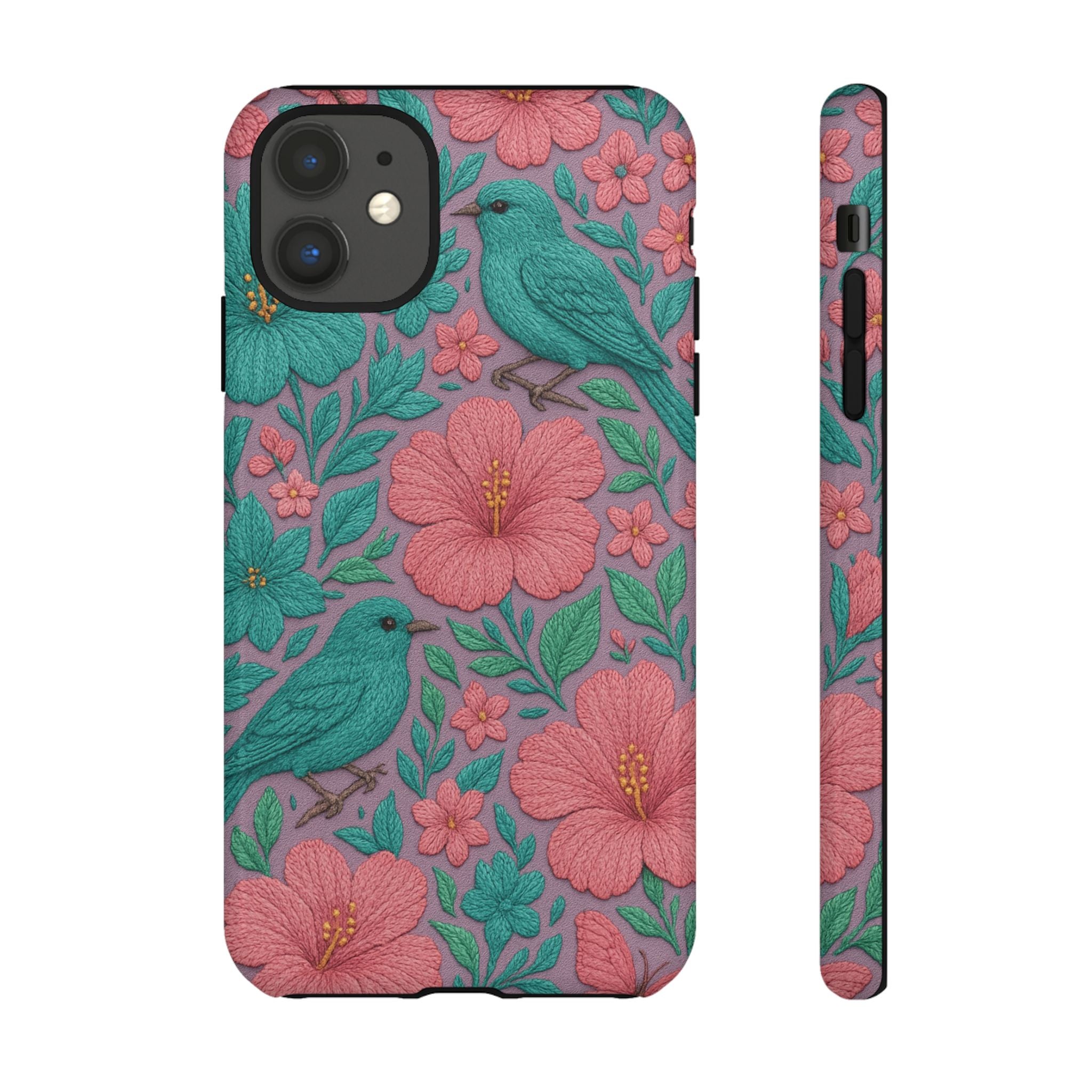Turquoise, Pink and Lavender 3D Embroidery Illusion Phone Case Tropical Flowers, Birds & Butterflies Cover with Bold, Realistic Floral Texture iPhone, Samsung