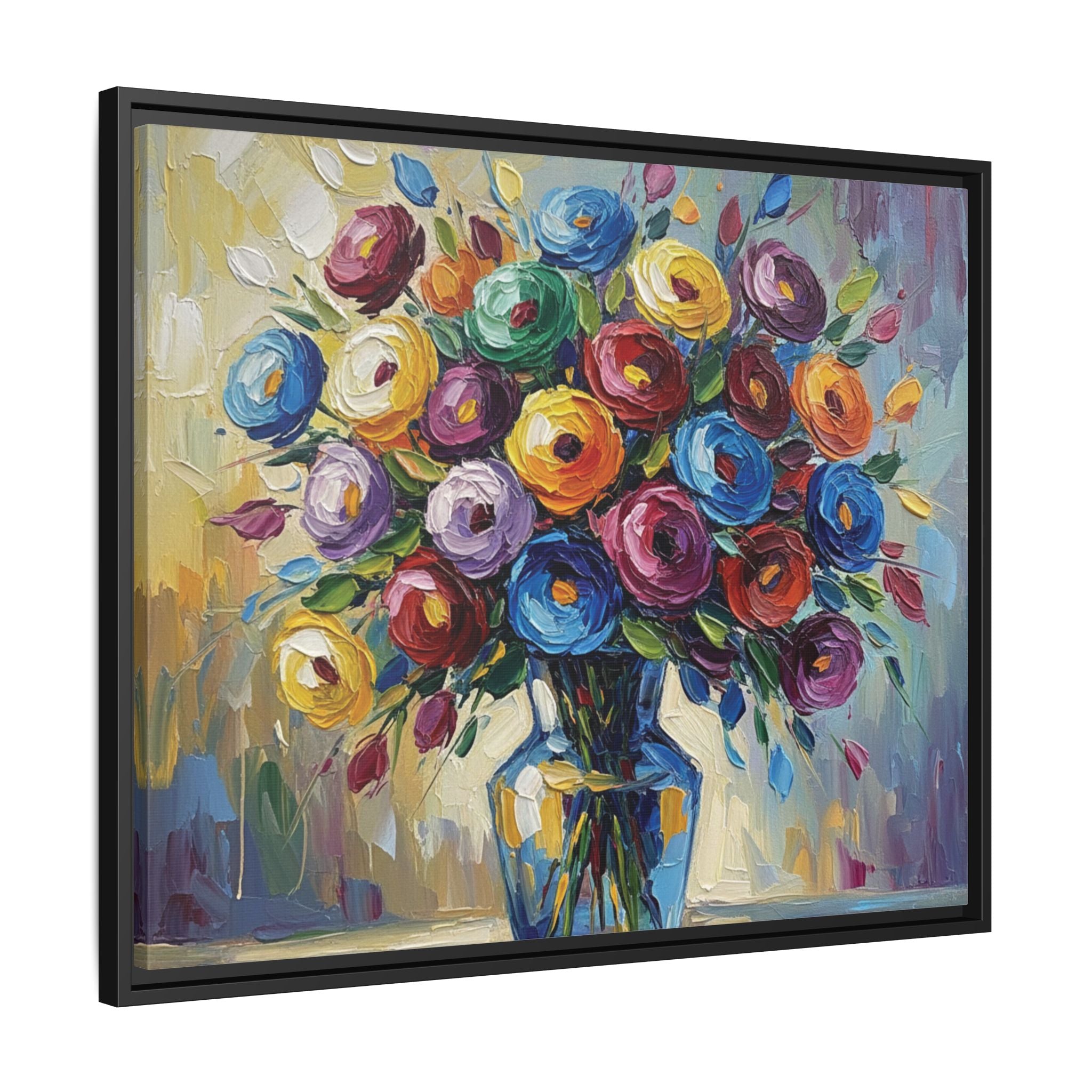 Impression sur toile bouquet floral aquarelle - Tableau mural encadré mat - Illusion de peinture à l'huile vibrante