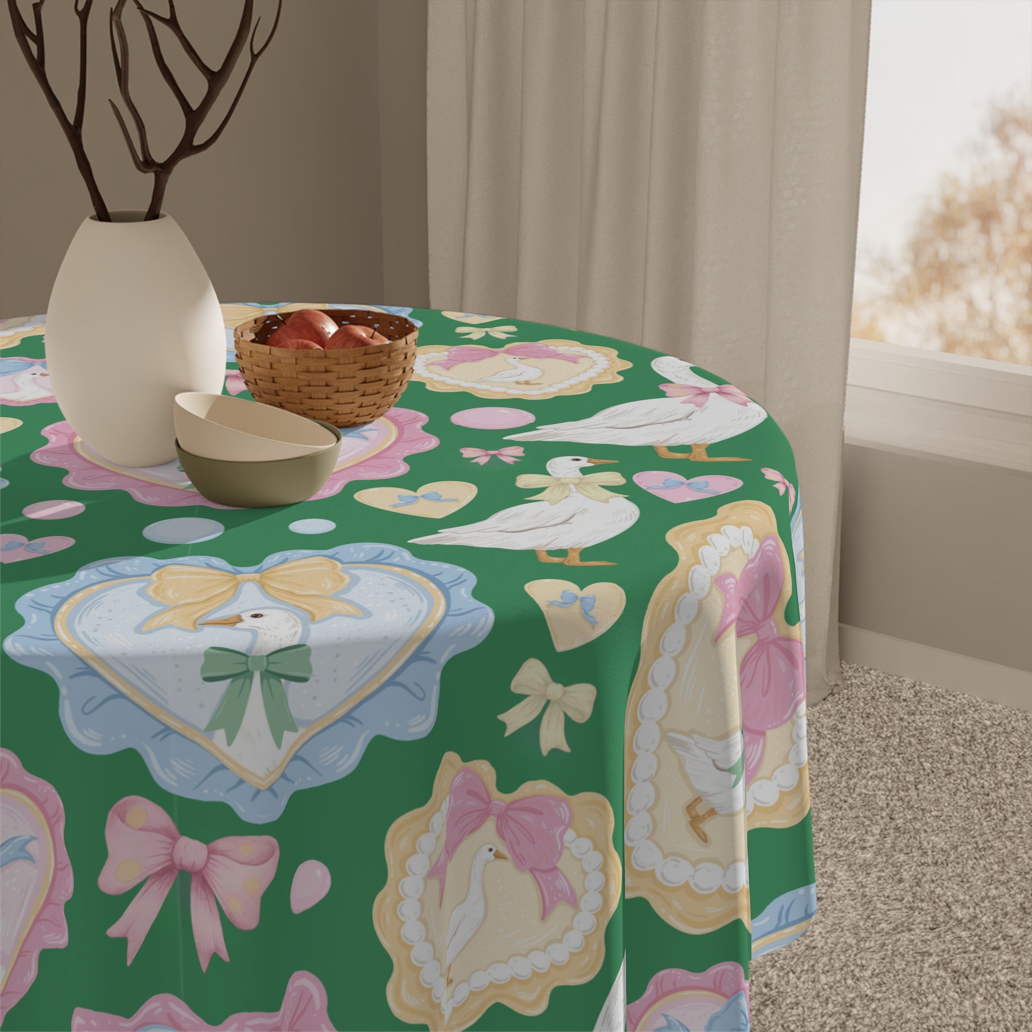 Silly Goose Green Tablecloth with Pastel Bows & Hearts – Whimsical Dining Table Decor