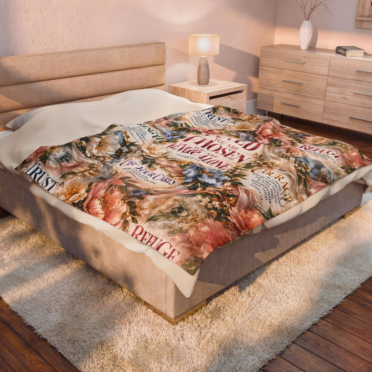You Are Never Alone Comfort Blanket | Christian Encouragement Gift for Her | Velveteen Floral Scripture Throw