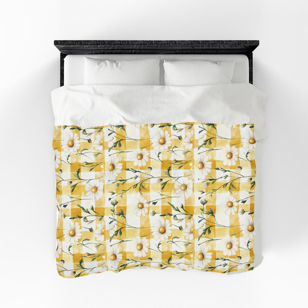 Pastel Yellow Daisy Checker Velveteen Plush Blanket — Spring Floral Cozy Throw