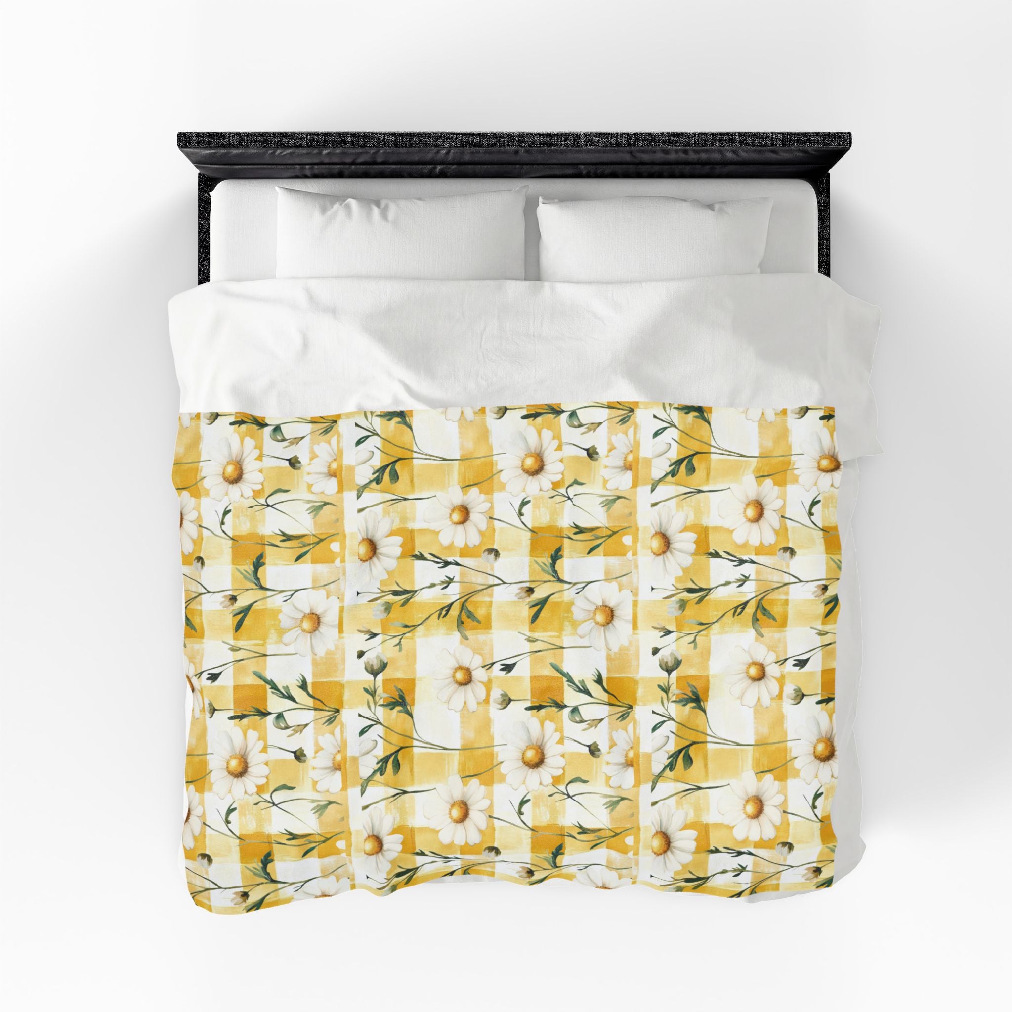 Pastel Yellow Daisy Checker Velveteen Plush Blanket — Spring Floral Cozy Throw