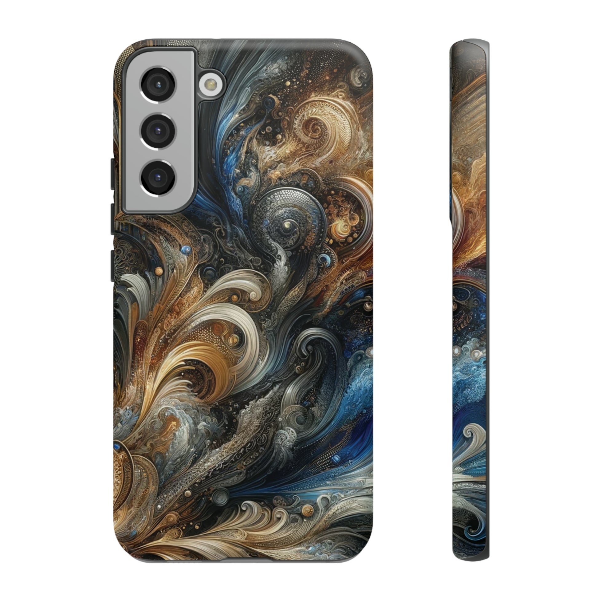 Gold and Navy Art Design Luxury Phone Tough Case Floral Elegant Durable Stylish for Modern Devices iPhone 15, Samsung iPhone Samsung Accessory Gift for Her.