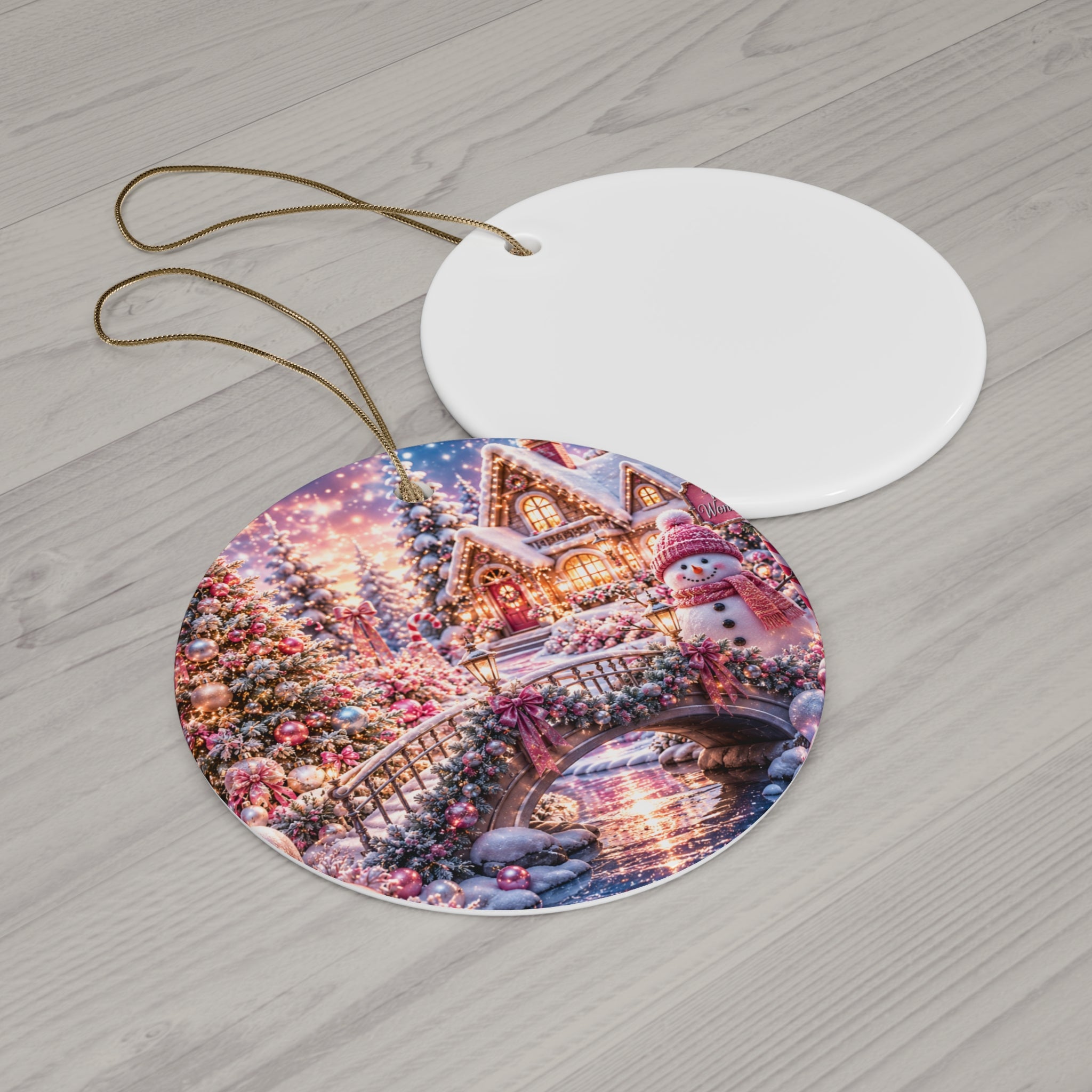Christmas Snowy Cottage Ceramic Ornament — Round Holiday Tree Decoration Winter Wonder