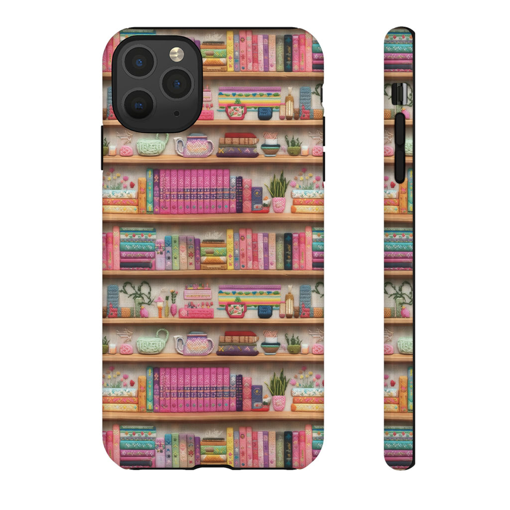 Whimsical 3D Embroidery Illusion Books on Pastel Shelves Phone Case for iPhone, Samsung & Pixel: Unique Accessory for Literary Enthusiasts Gift for Her Perfect for Floral Lover