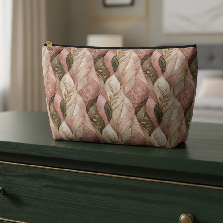 Braided Floral Accessory Pouch — Pink & Olive T‑Bottom Cosmetic Bag