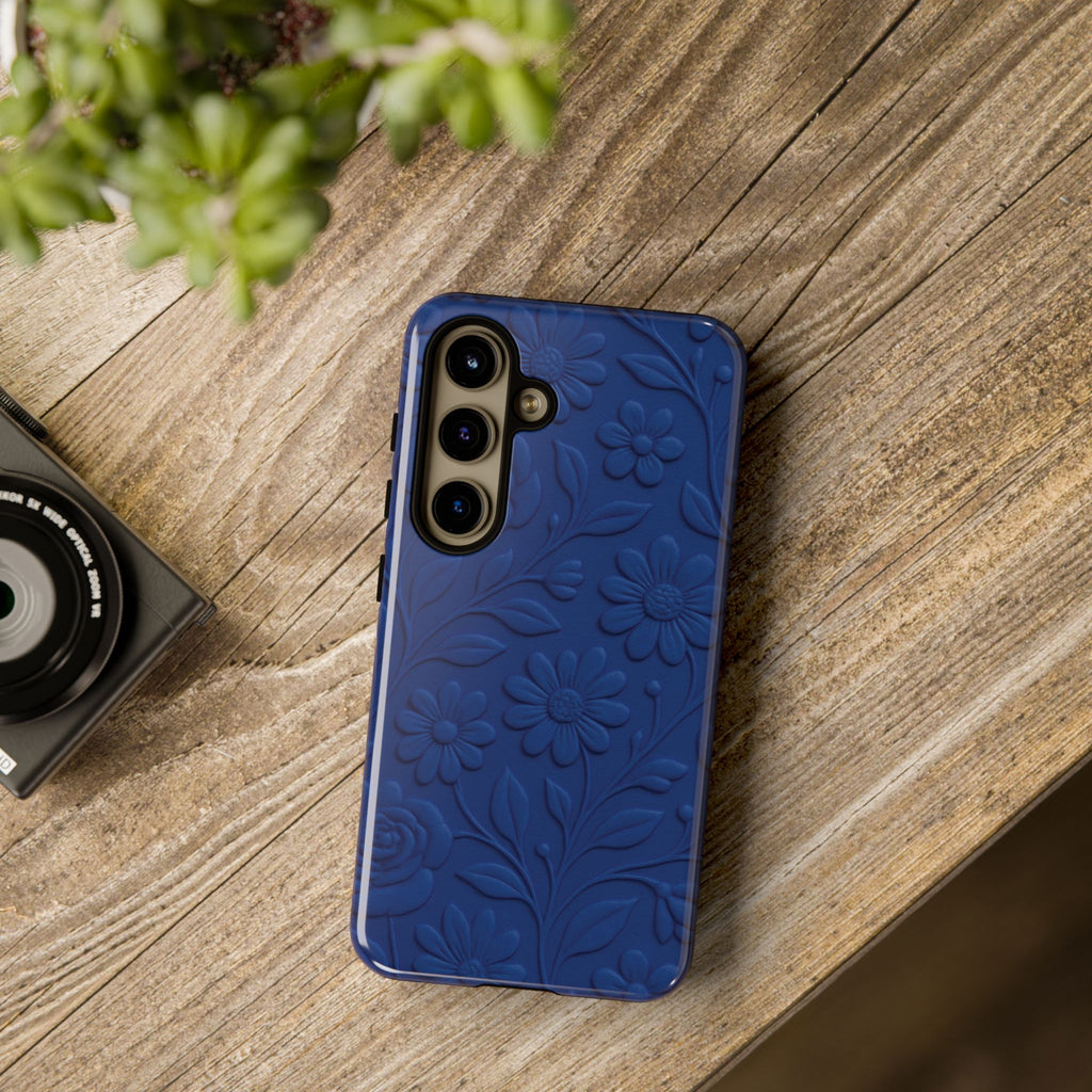 3D Illusion Floral Cobalt Blue Phone Case Elegant Raised Flower Design, Seamless Textured Look, Durable & Stylish Protection for iPhone and Android Models Fits iPhone & Samsung Models