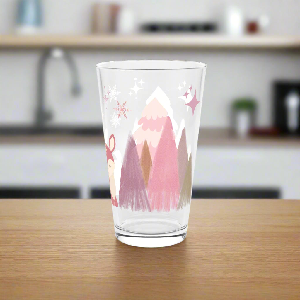 16oz Winter Deer Pint Glass, Pink & Lavender Christmas Cup, Whimsical Holiday Drinkware, Feminine Winter Bar Glass, Cute Xmas Gift, Cozy Vibes