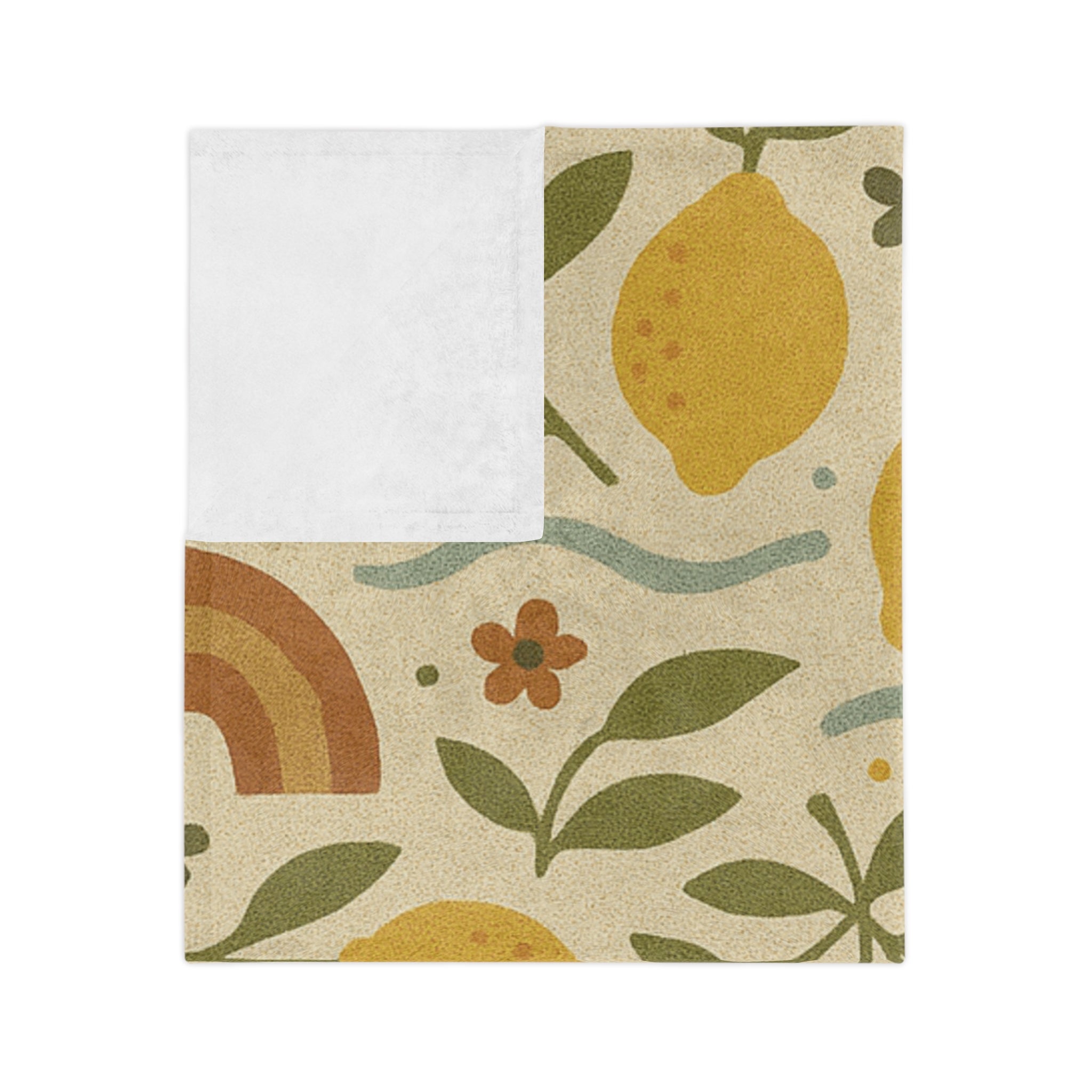 Jeté en tricot douillet motif bosquet de citronniers bohème, avec citrons dessinés à la main, feuilles d'olivier et vagues douces dans des tons terreux, parfait pour la chaleur et le style tout au long de l'année
