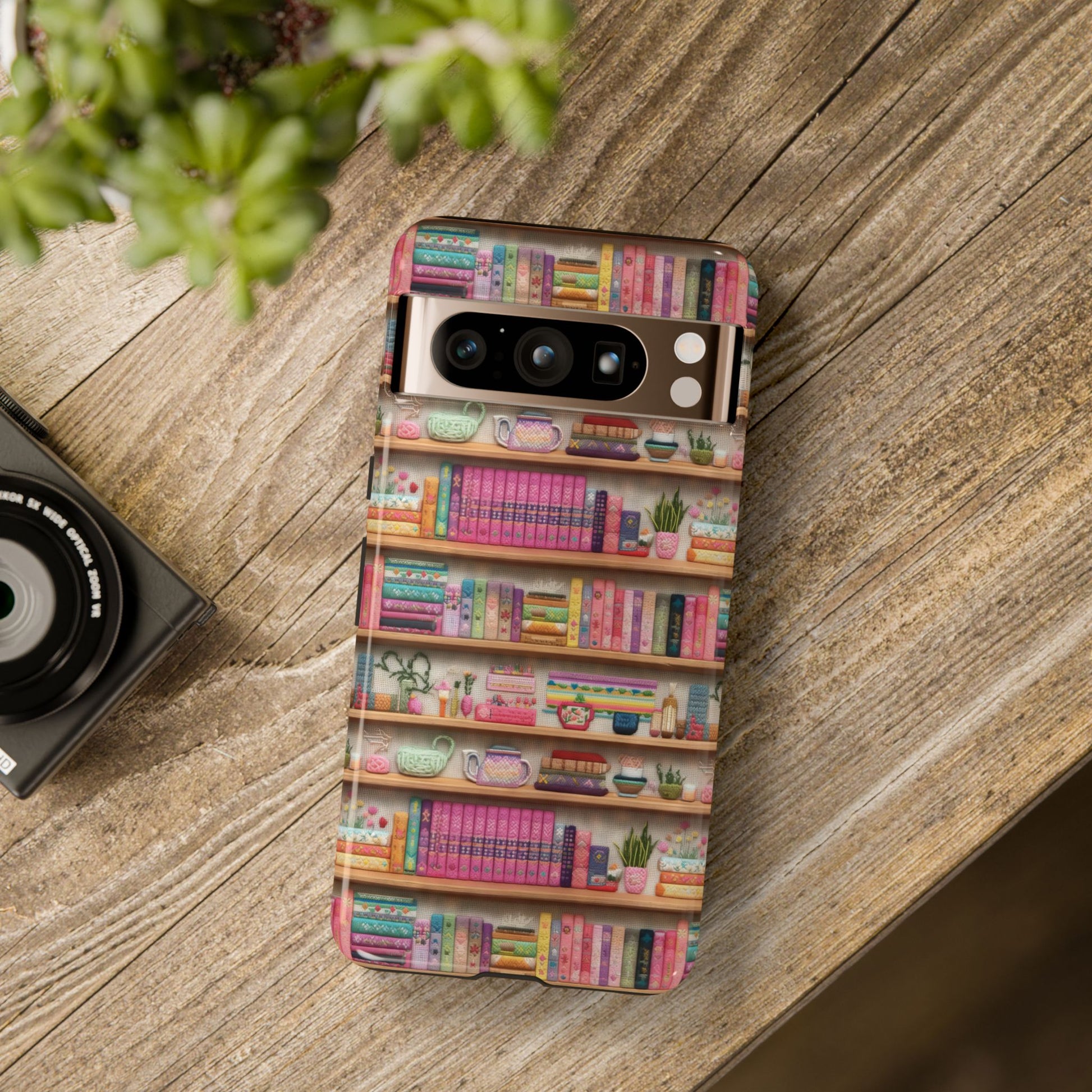 Whimsical 3D Embroidery Illusion Books on Pastel Shelves Phone Case for iPhone, Samsung & Pixel: Unique Accessory for Literary Enthusiasts Gift for Her Perfect for Floral Lover