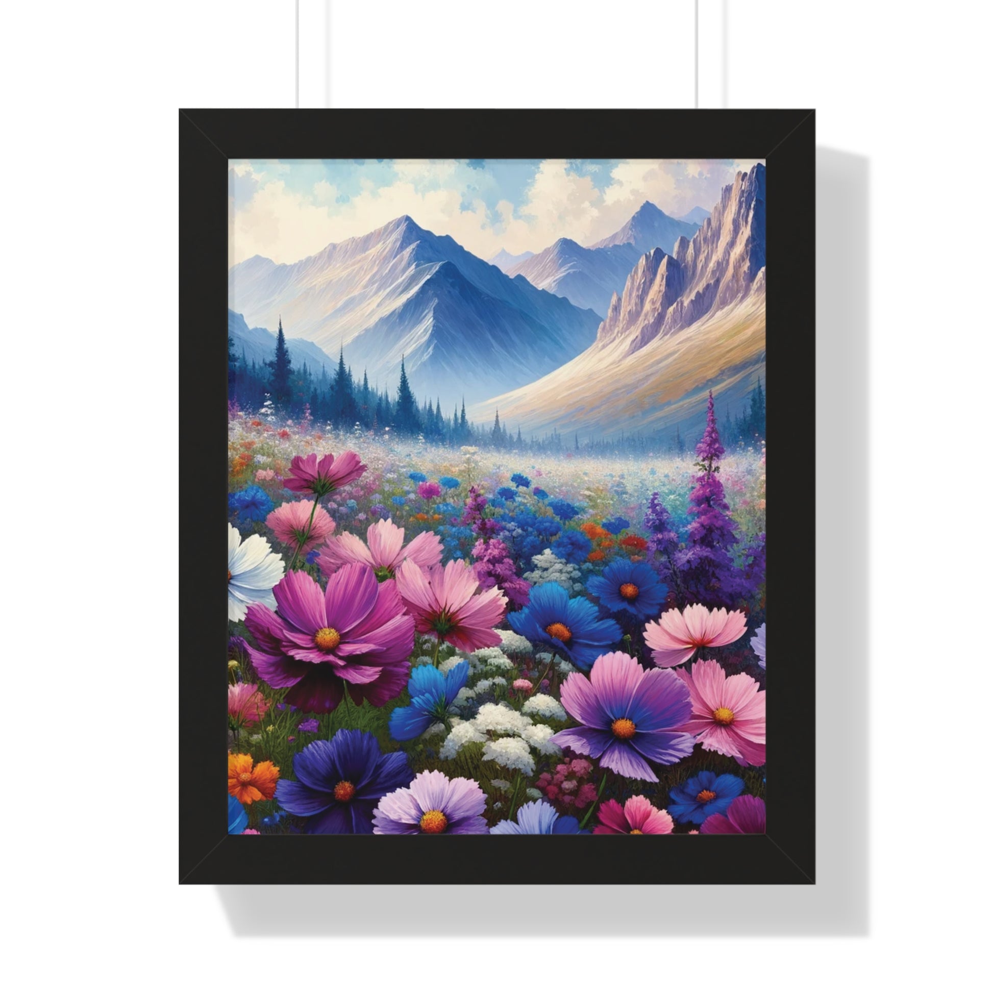 Wall Art Beautiful Wildflowers and Mountains Wildflower Art Watercolor Floral Framed Canvas Print Wall Art  Classic Encased in Black, White, or Walnut Frames with Durable Acrylic Protection Ready to Hang  Timelessly Crafted..