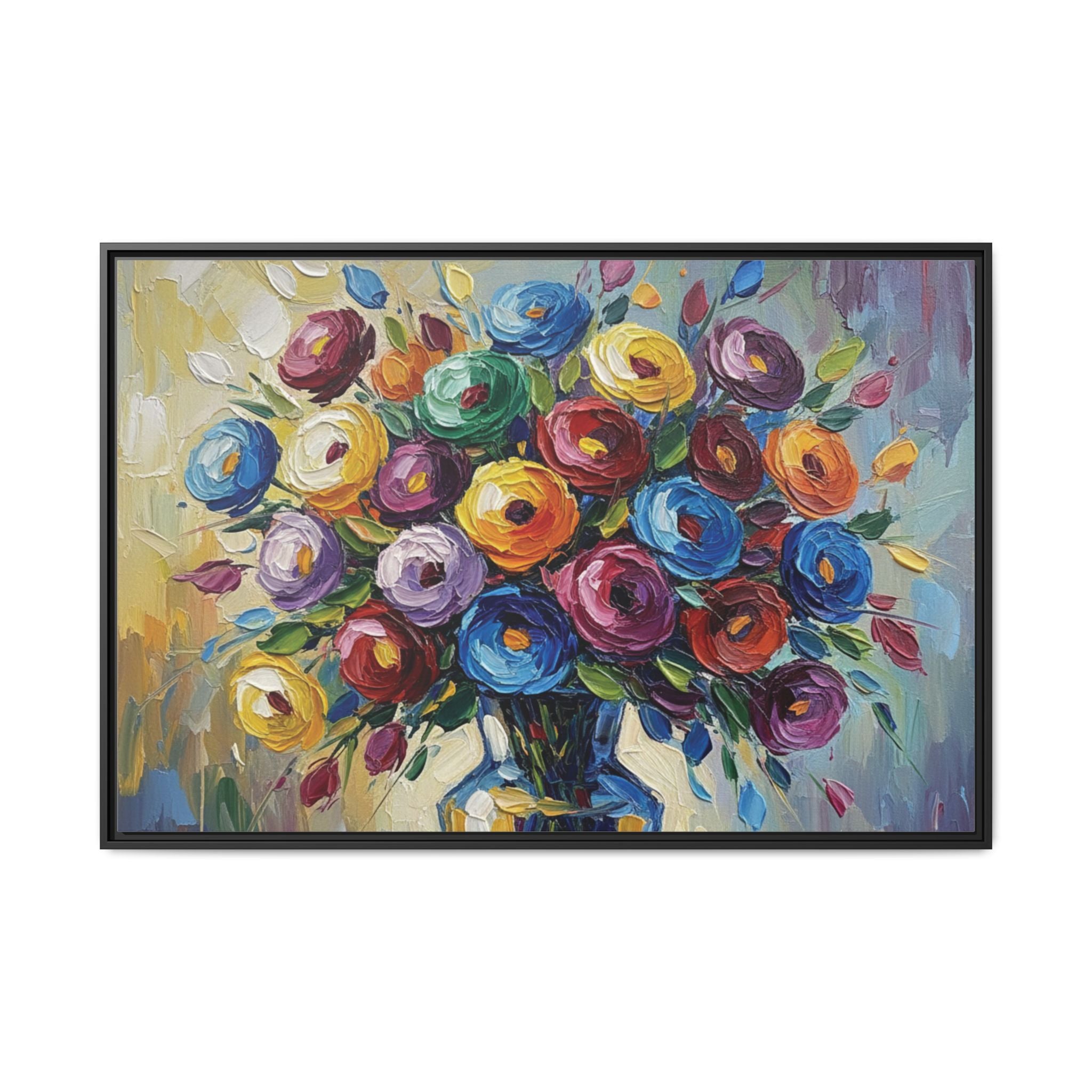 Impression sur toile bouquet floral aquarelle - Tableau mural encadré mat - Illusion de peinture à l'huile vibrante