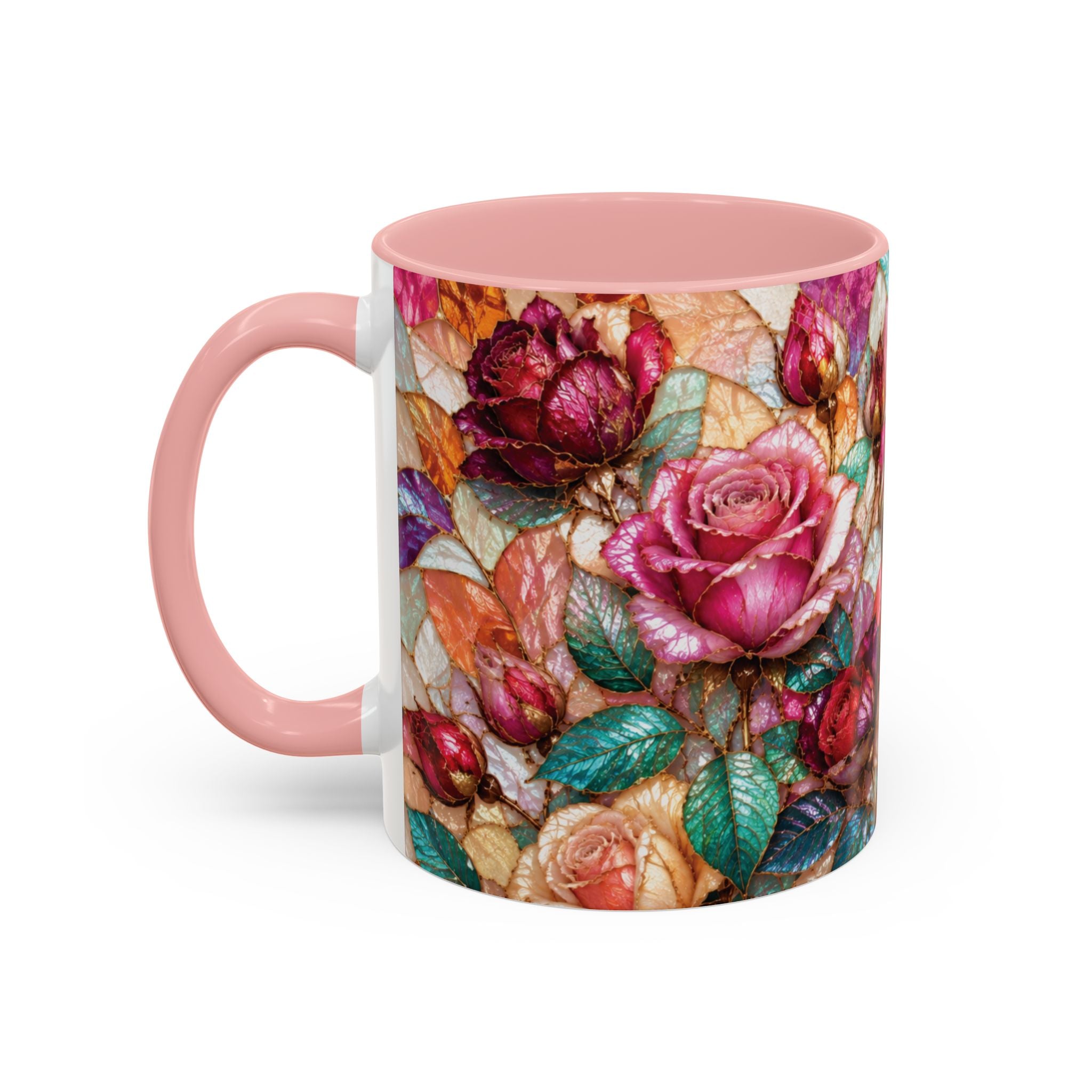 Floral Stained-Glass Accent Coffee Mug Colorful Rose Pattern (11/15 oz) Gift for Her