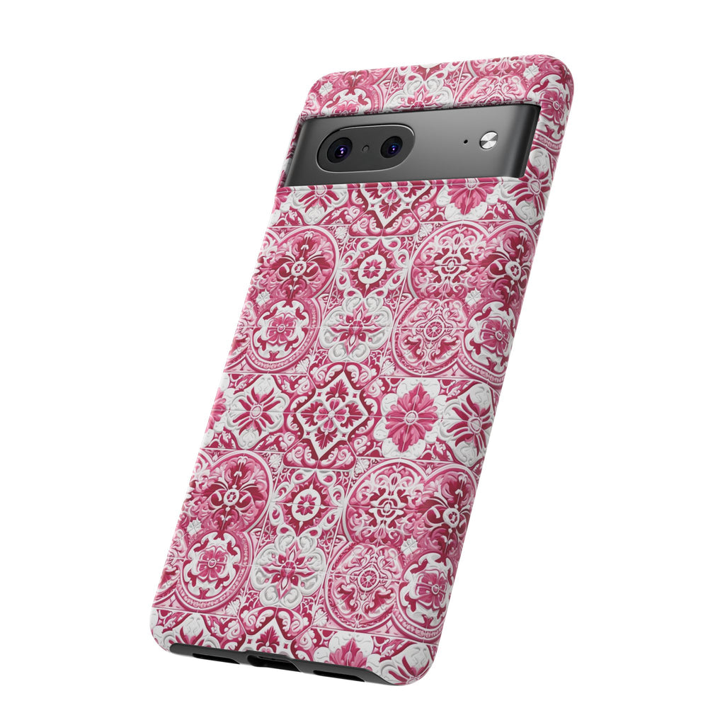 Pink and White Mediterranean Tile Design Phone Case - Stylish, Protective Cover for All Models Gift for Mom Accessory Gift for Her