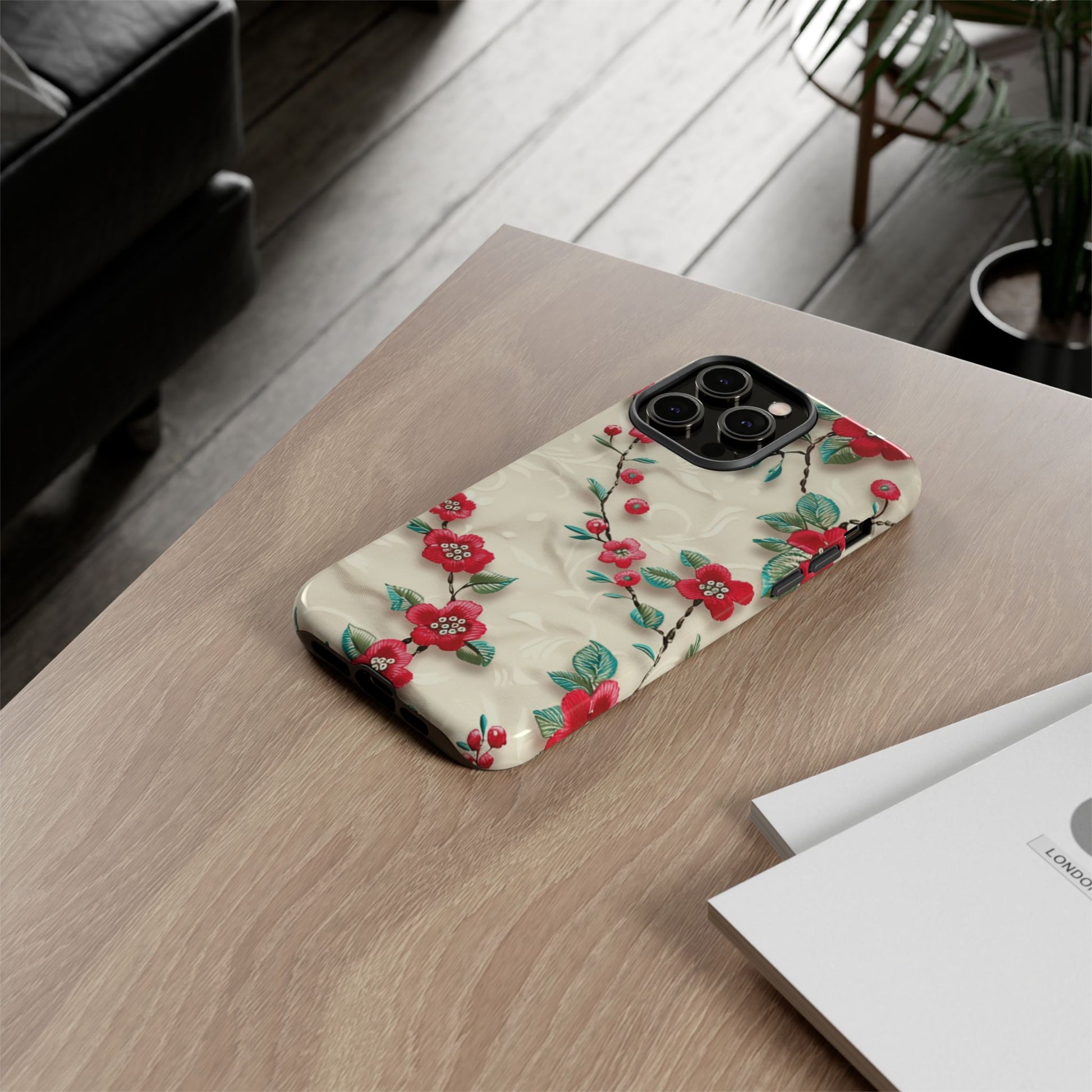 3D Embroidery Illusion Red Flowers Phone Case for iPhone, Samsung Pixel Artistic Floral Protection 15 14 13 12, 21 23 Gift for Her Perfect for Floral Lover