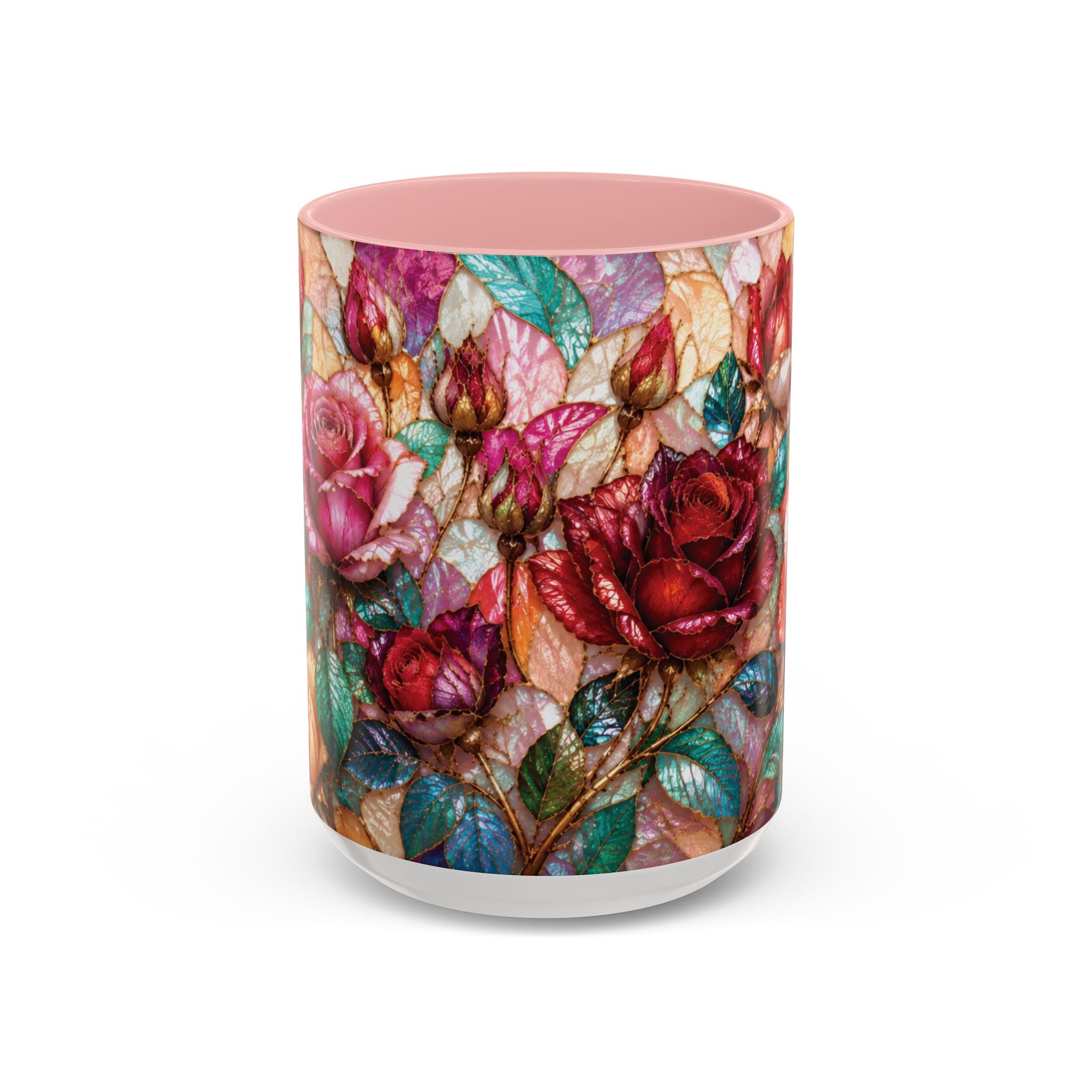 Floral Stained-Glass Accent Coffee Mug Colorful Rose Pattern (11/15 oz) Gift for Her