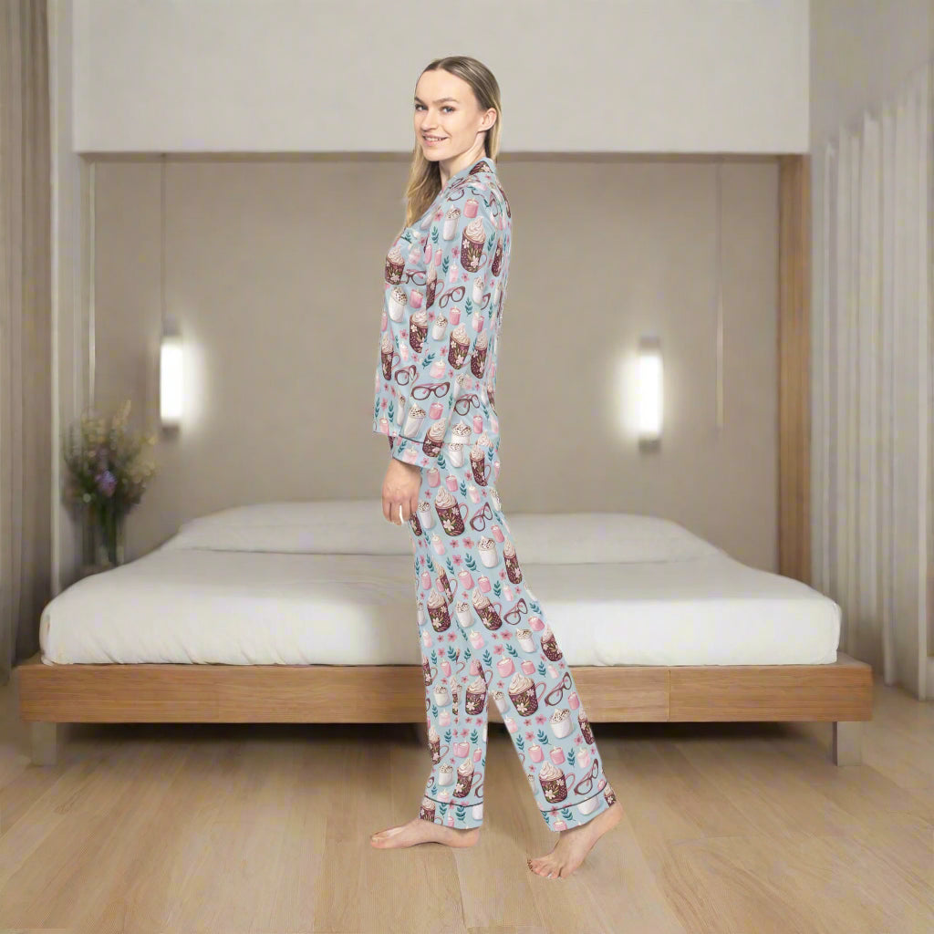 Woman wearing a patterned pajama set on a white background