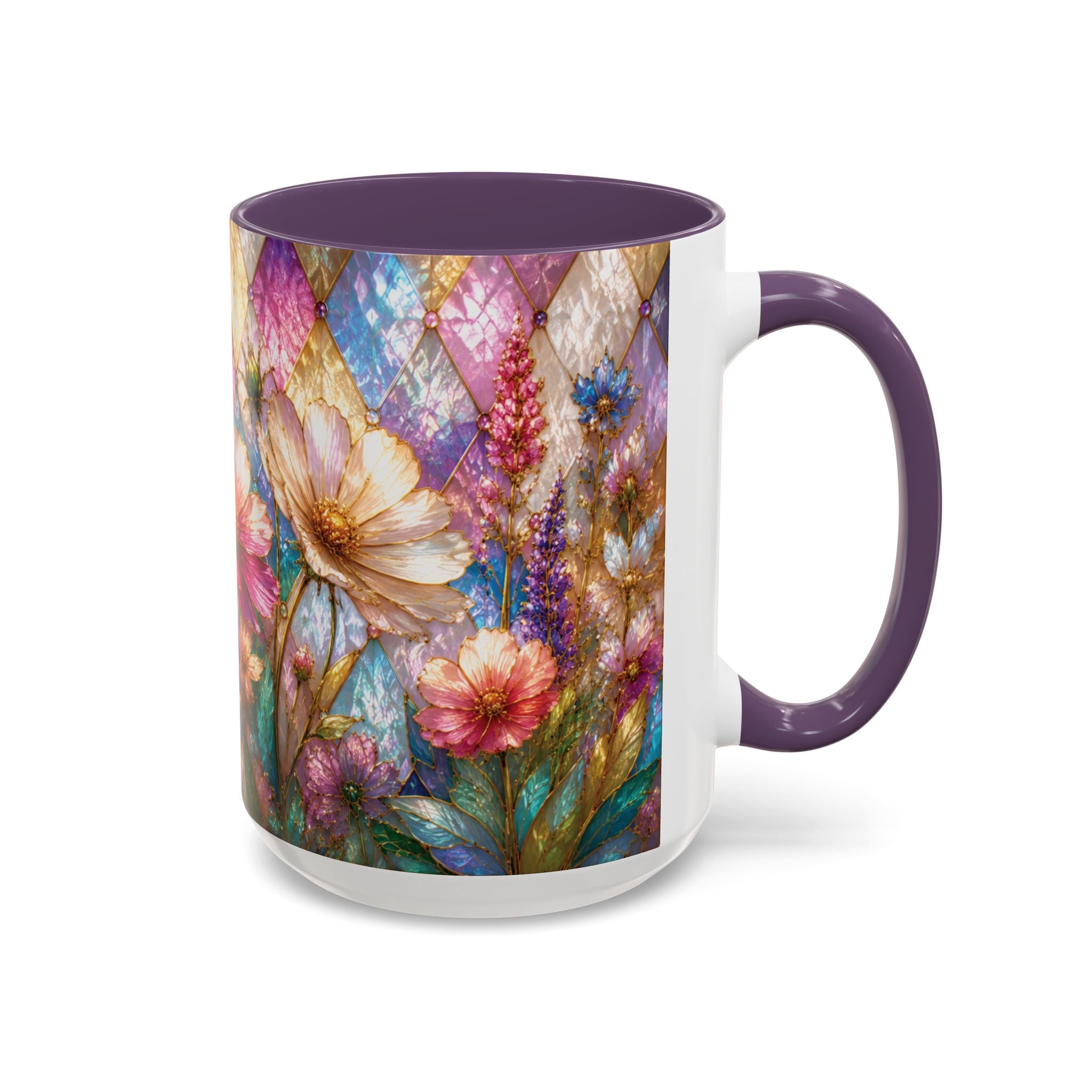 Floral Mosaic Accent Coffee Mug — Colorful Garden Flowers 11/15oz Stain Glass Illusion
