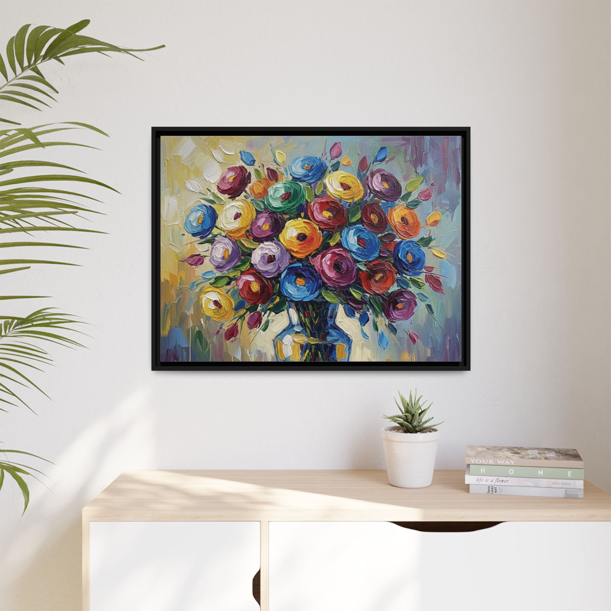 Impression sur toile bouquet floral aquarelle - Tableau mural encadré mat - Illusion de peinture à l'huile vibrante