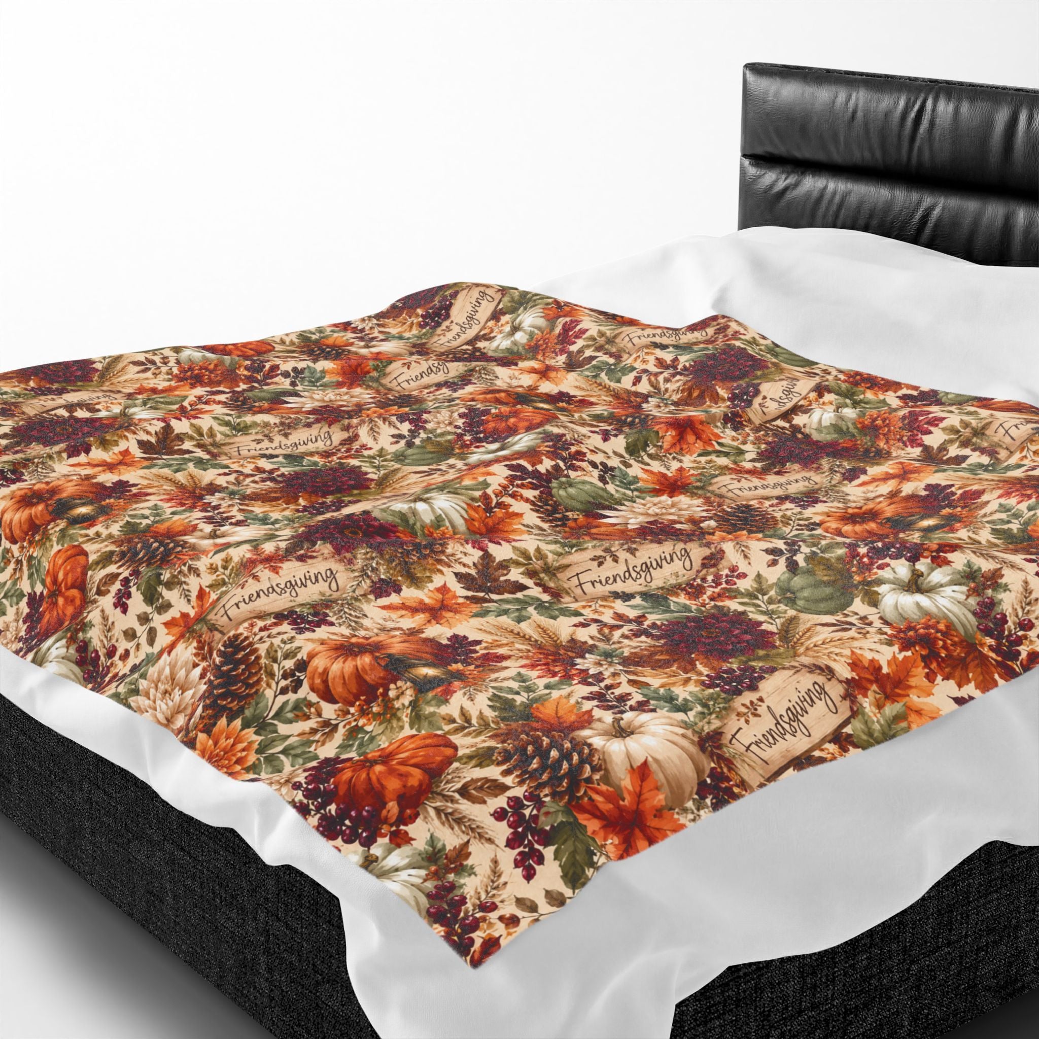 Autumn Harvest Floral Velveteen Plush Blanket | Fall Leaves Pumpkins Mum Pattern