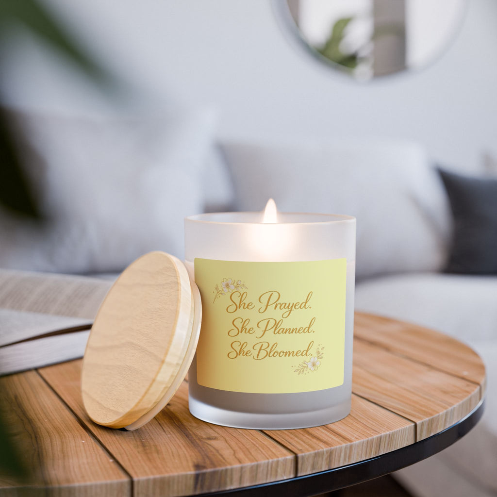 She Prayed She Planned She Bloomed — Inspirational Frosted Glass Candle (11 oz)
