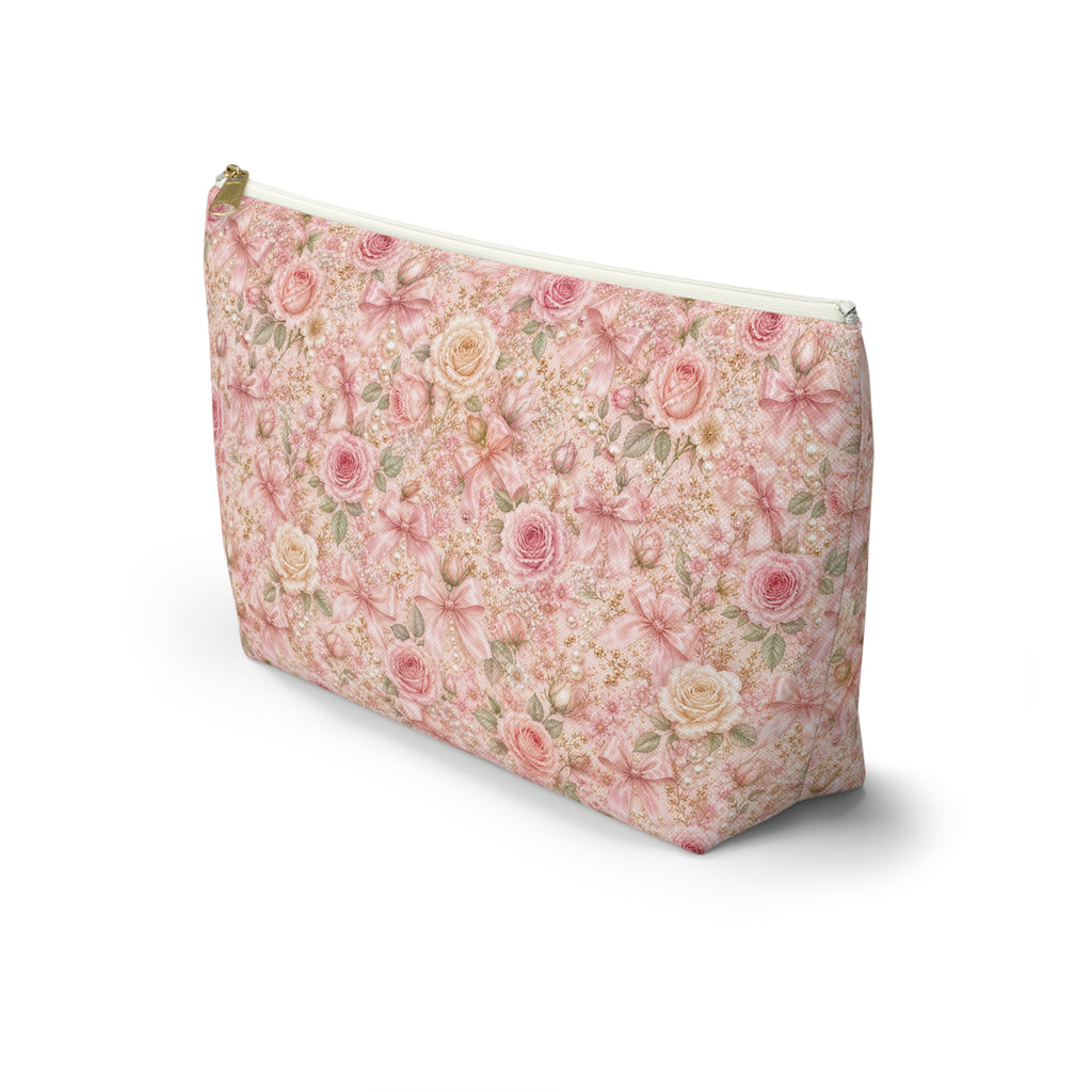 Trousse de Maquillage Nœud en Satin et Rose Poudré, Pochette Cosmétique Fleurie Coquette de Luxe, Organisateur de Voyage Élégant