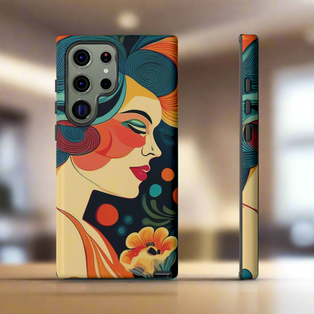 Phone case with colorful design of a woman's face and floral elements on a white background