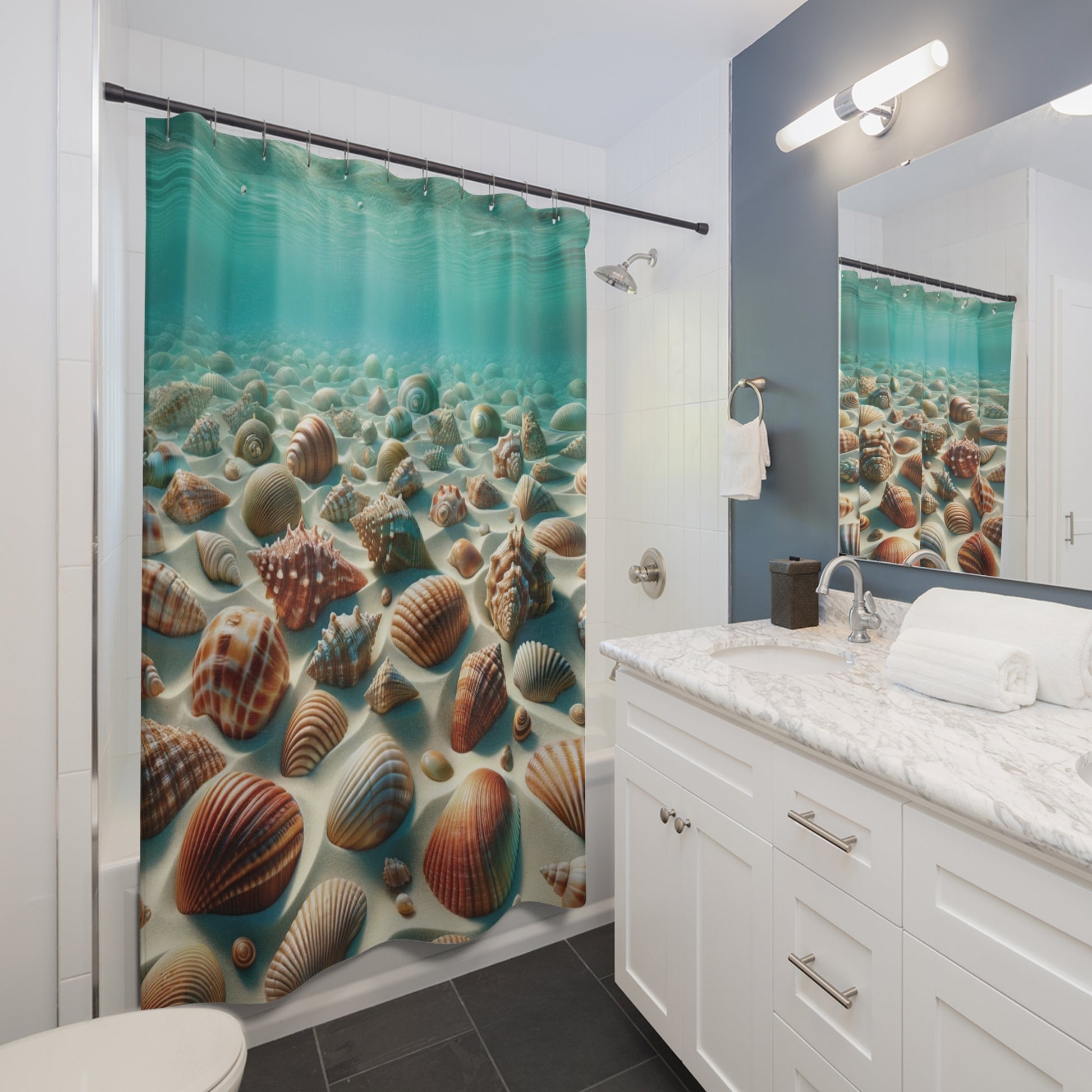 Ocean Inspired Turquoise Seashell Shower Curtain Durable, Mildew-Resistant Fabric for a Refreshing Bathroom Makeover Housewarming Wedding Gift for Mom Bridal Shower Gift Newlywed.