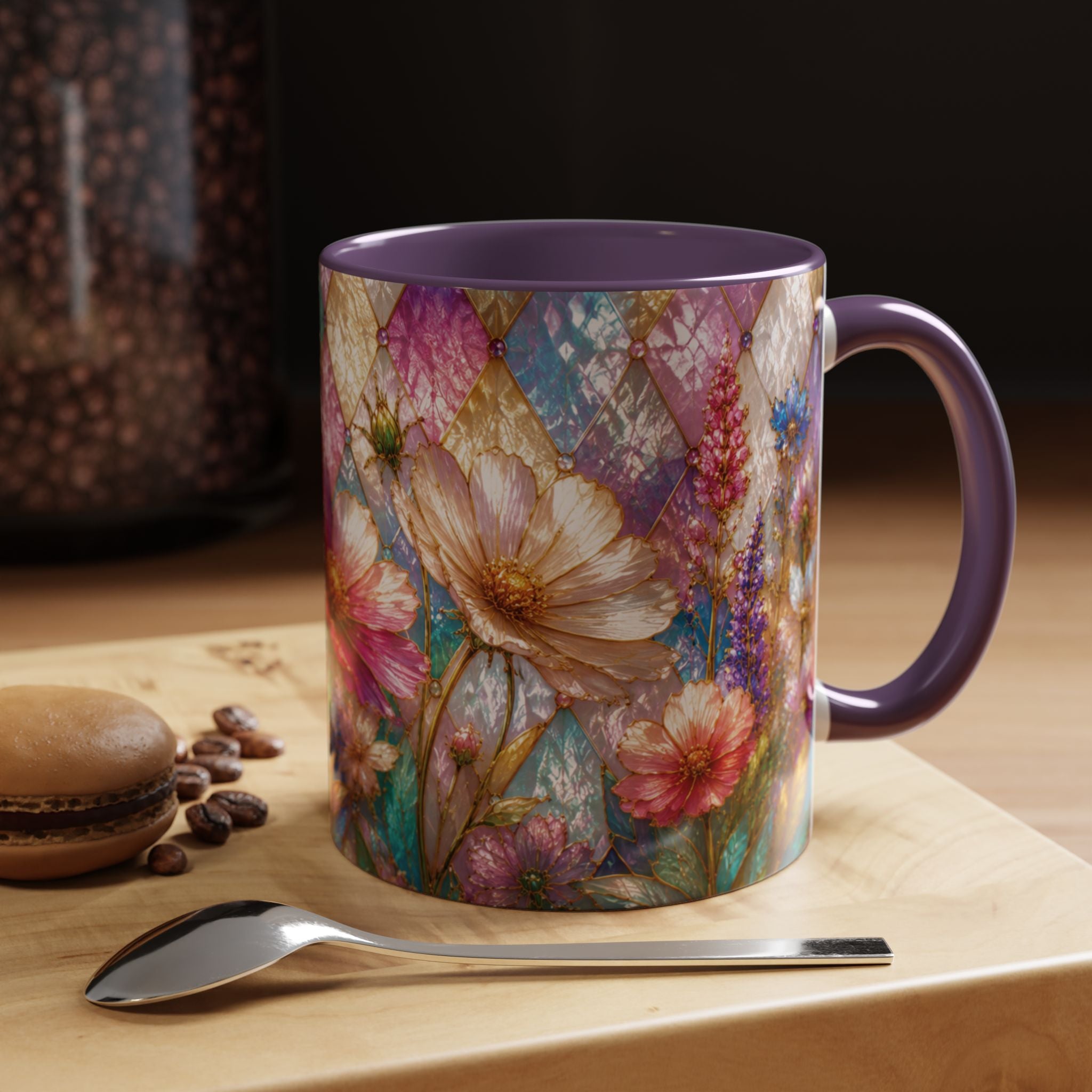 Floral Mosaic Accent Coffee Mug — Colorful Garden Flowers 11/15oz Stain Glass Illusion