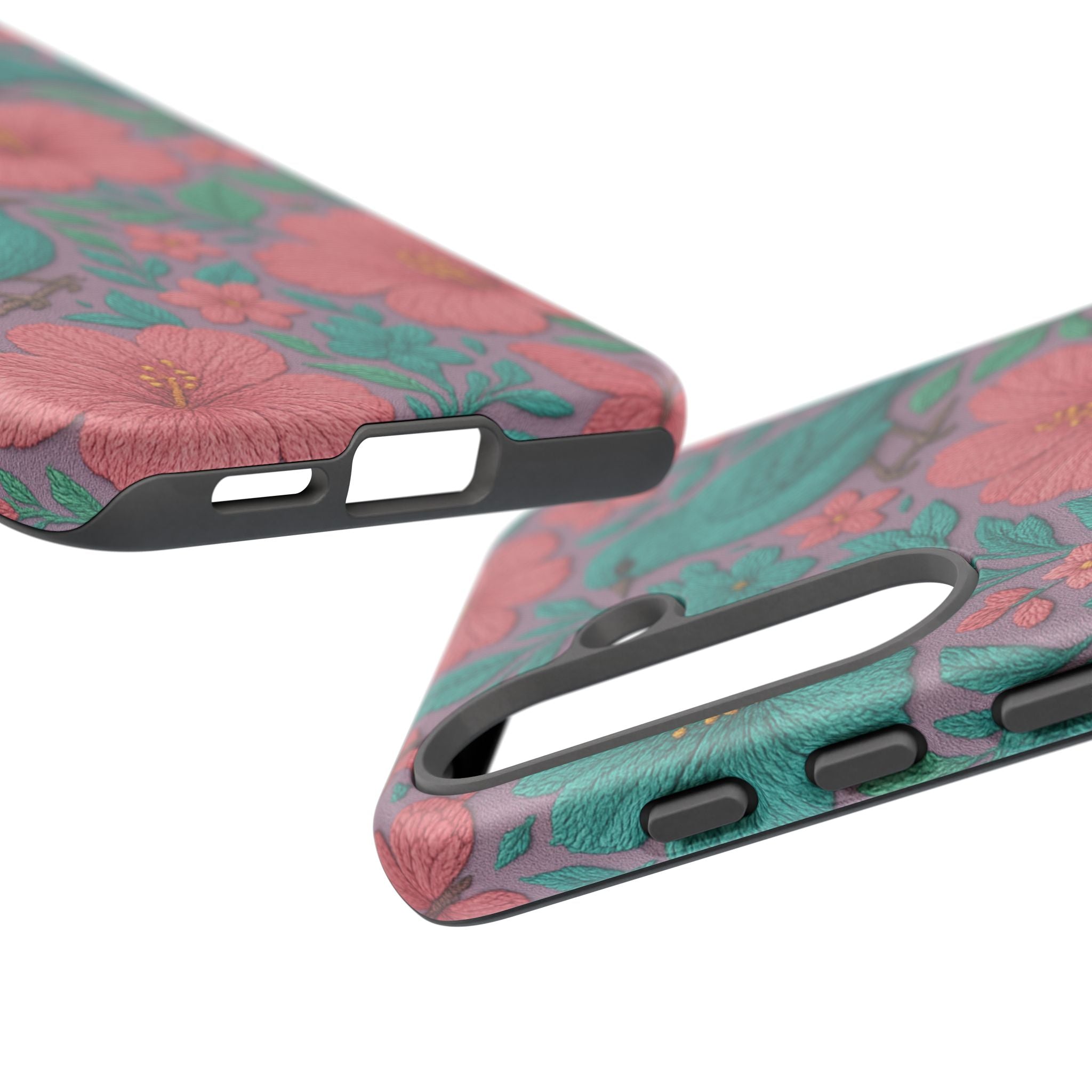 Turquoise, Pink and Lavender 3D Embroidery Illusion Phone Case Tropical Flowers, Birds & Butterflies Cover with Bold, Realistic Floral Texture iPhone, Samsung