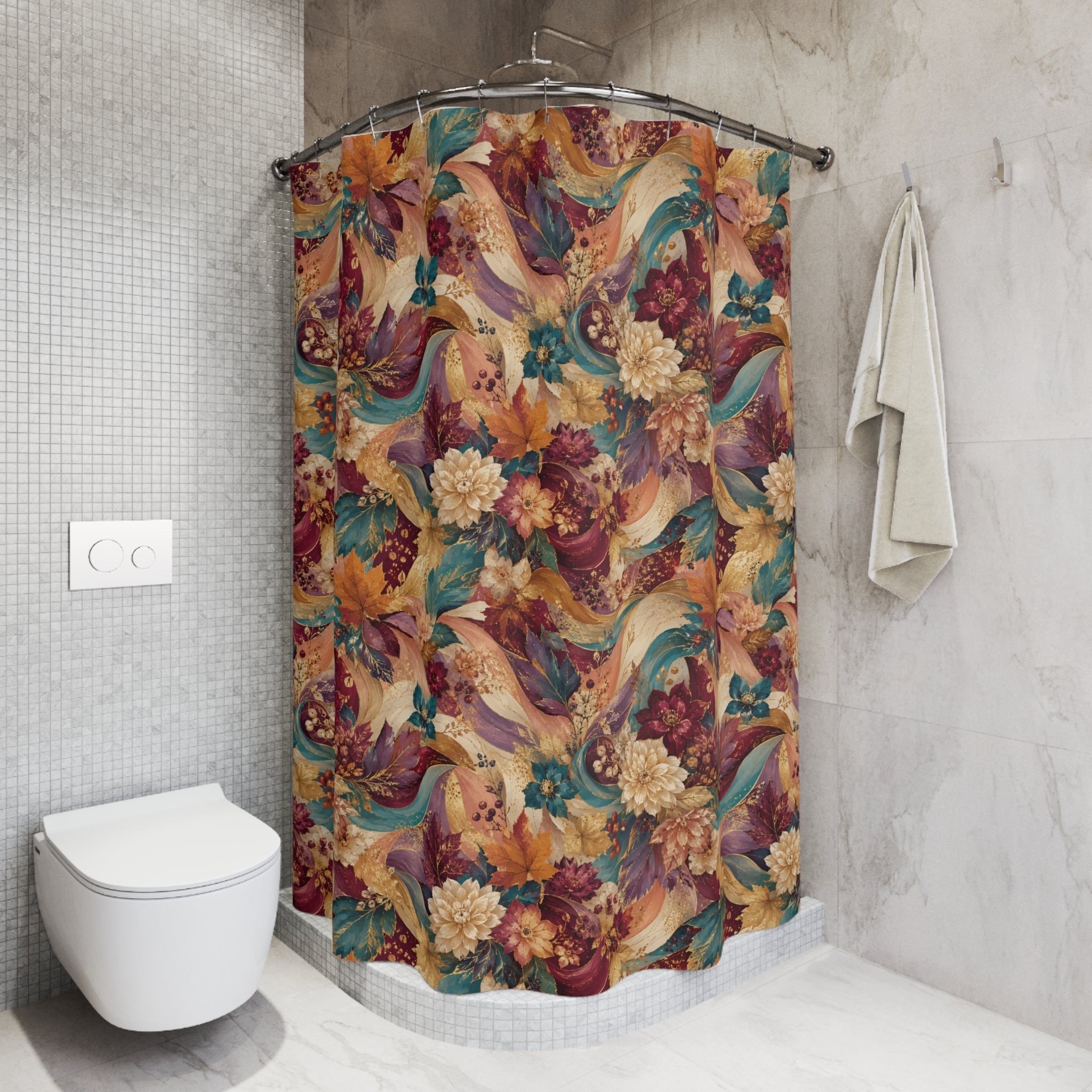 Autumn Floral Shower Curtain — Vintage Boho Leaves & Blooms Bathroom Decor