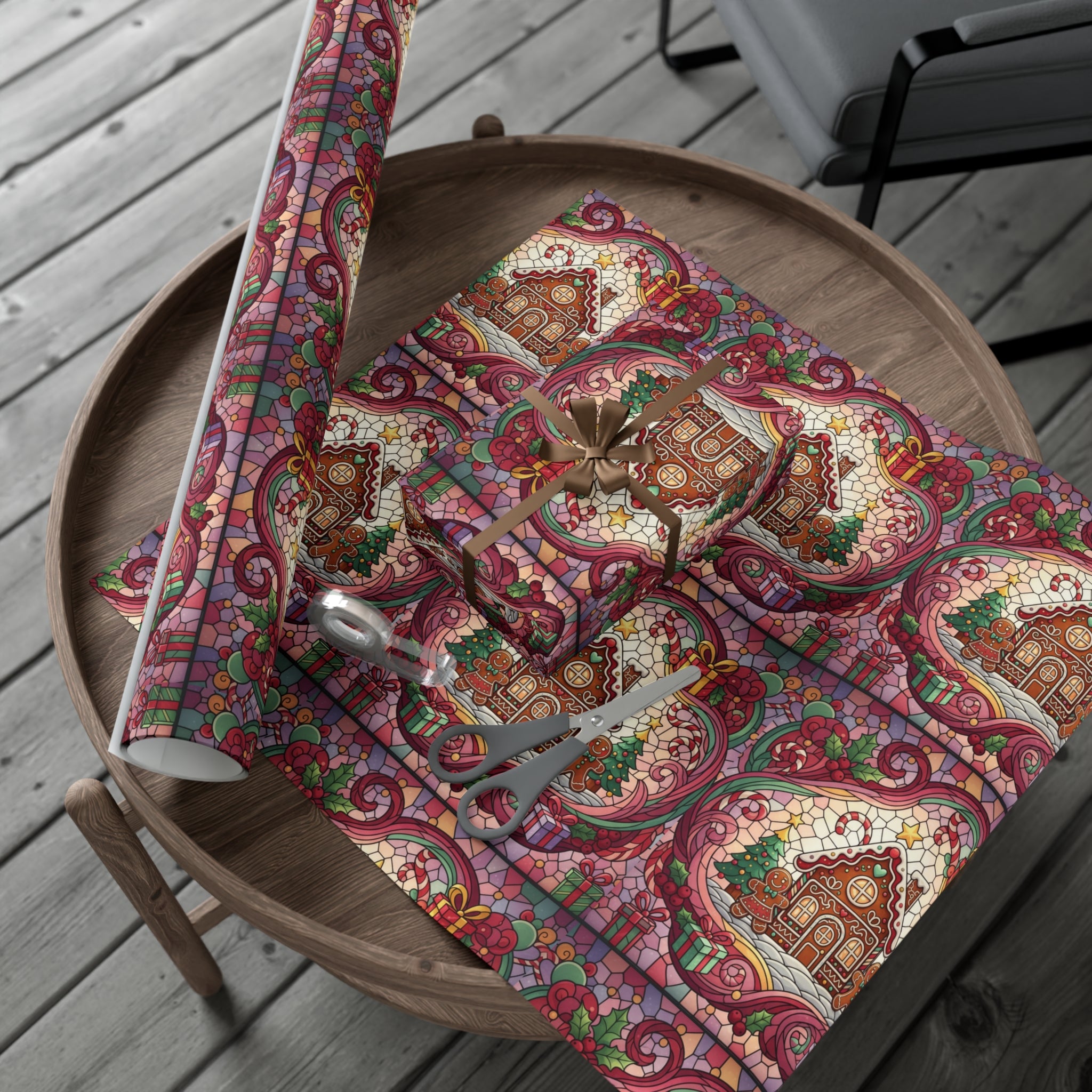 Stained Glass Gift Wrap Papers, Gingerbread House and Family Design - Wrapping Sheets, Festive Holiday Craft Supplies, Christmas Decoration