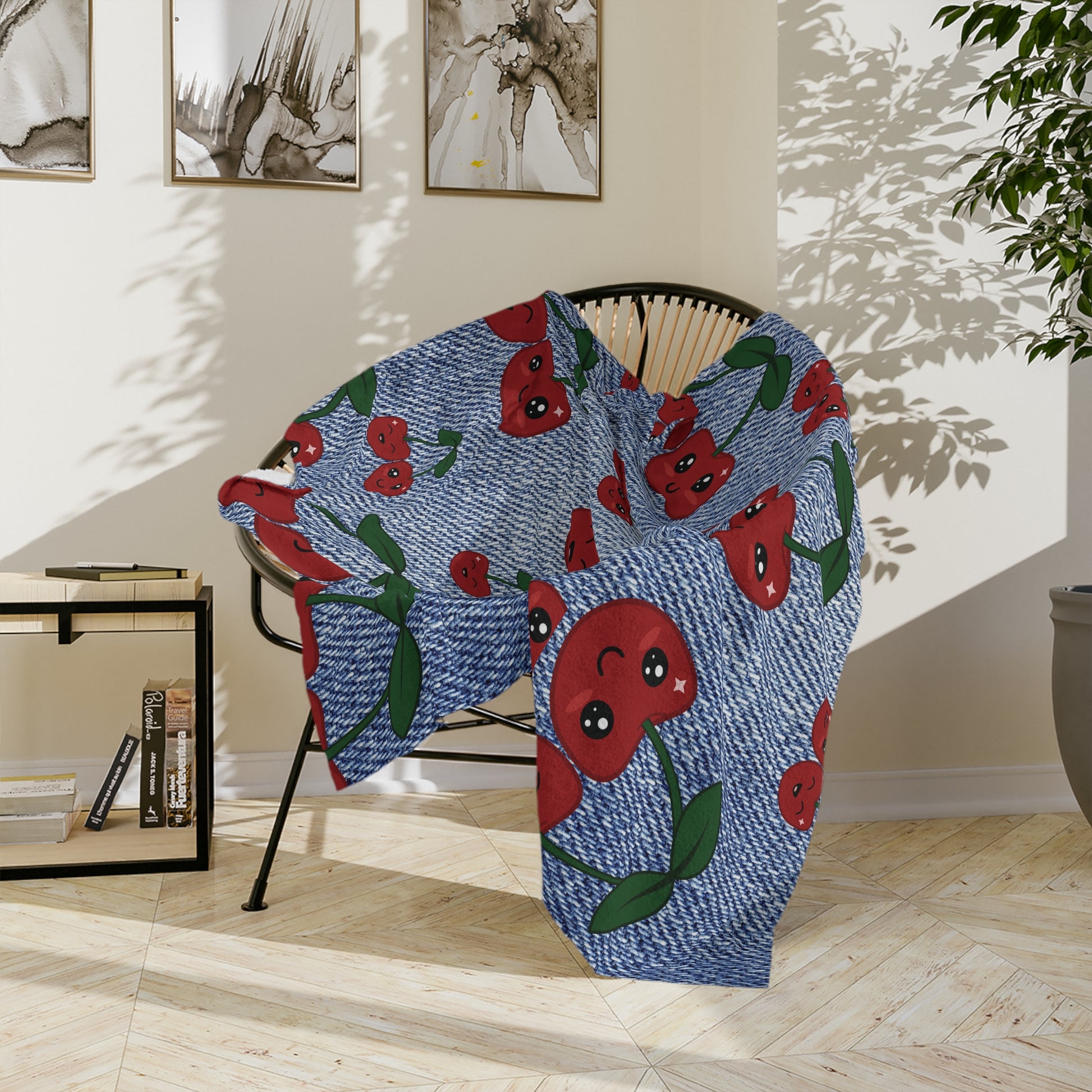 Luxurious Minky Blanket with Faux Denim Cherry Design Cozy Comfort Throw Ultra-Soft Microfiber Comfort Blanket, Perfect for Snuggling Decor, Cozy All-Season Warmth, Blanket Luxurious Comfort Housewarming Gift Throw.
