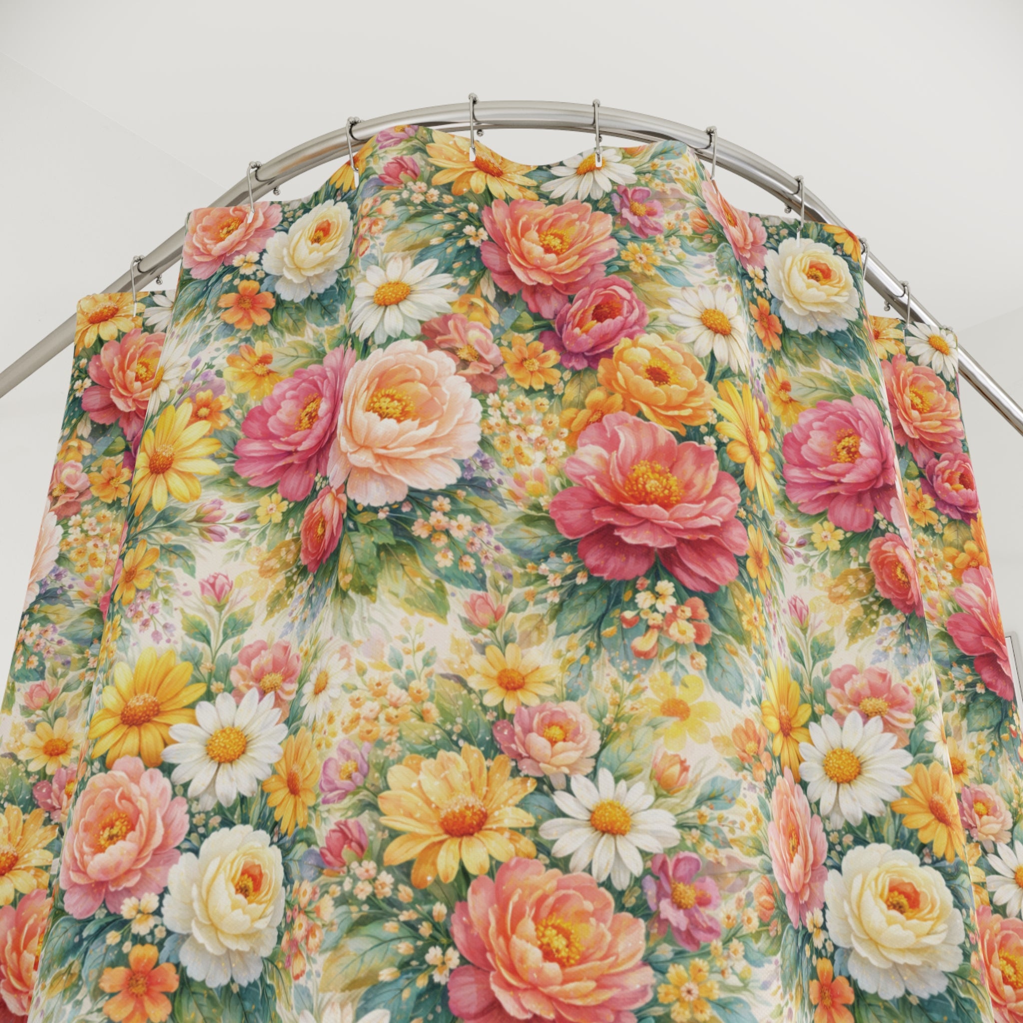 Pink and Yellow Floral Shower Curtain, Floral Bathroom Decor, Botanical Cottage Style, Nature Lover Gift, Bohemian