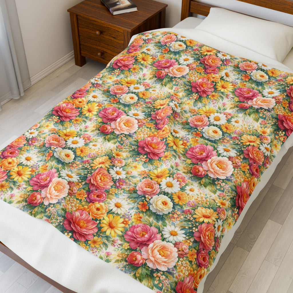 Couverture polaire en velours floral éclatant — Jeté floral esthétique en Minky