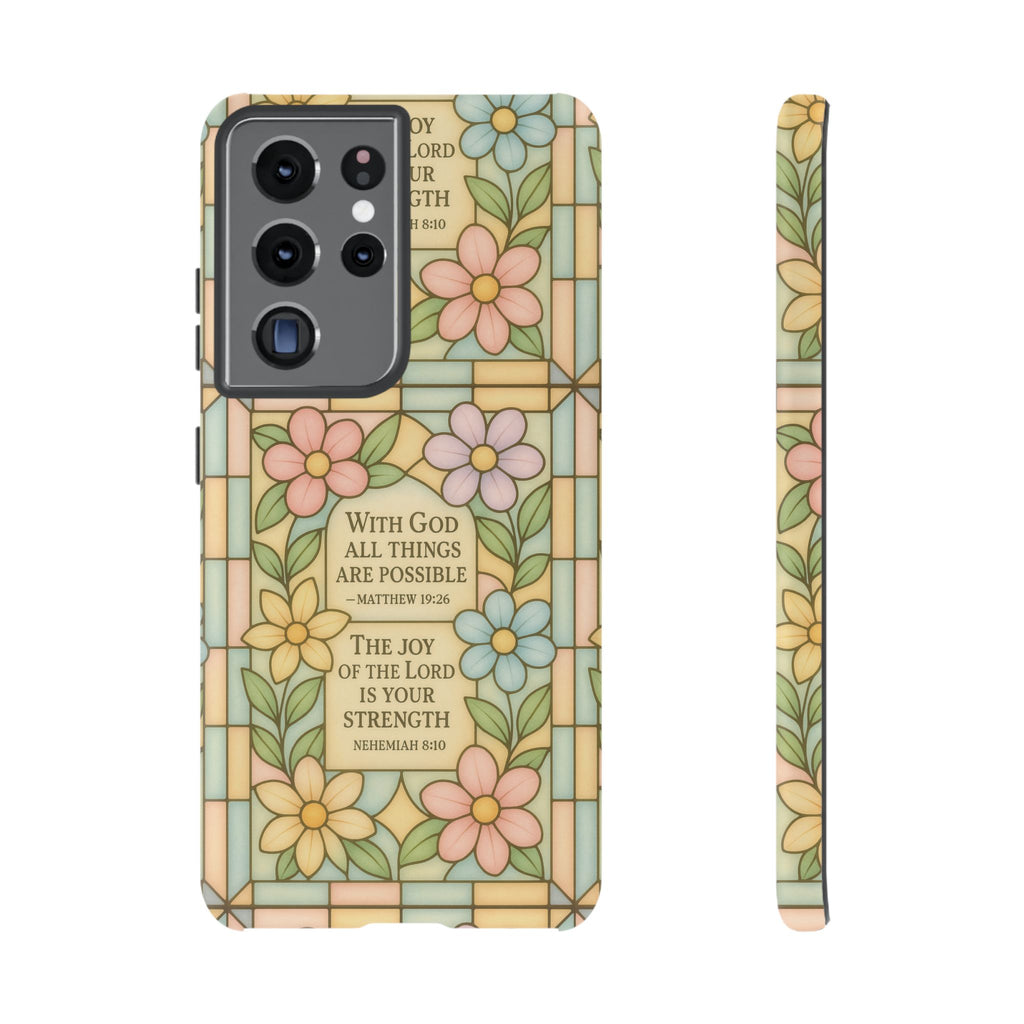 Pastel Stained Glass Bible Verse Phone Case Christian Affirmation Cover, Soft Geometric Design, iPhone Samsung Google, Faith Gift for Her Bible Verse or Affirmation | Protective, Inspirational Gift for Christians