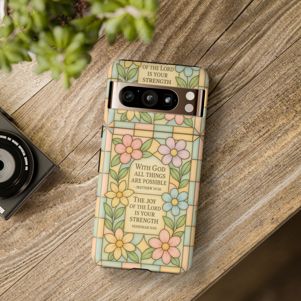 Pastel Stained Glass Bible Verse Phone Case Christian Affirmation Cover, Soft Geometric Design, iPhone Samsung Google, Faith Gift for Her Bible Verse or Affirmation | Protective, Inspirational Gift for Christians