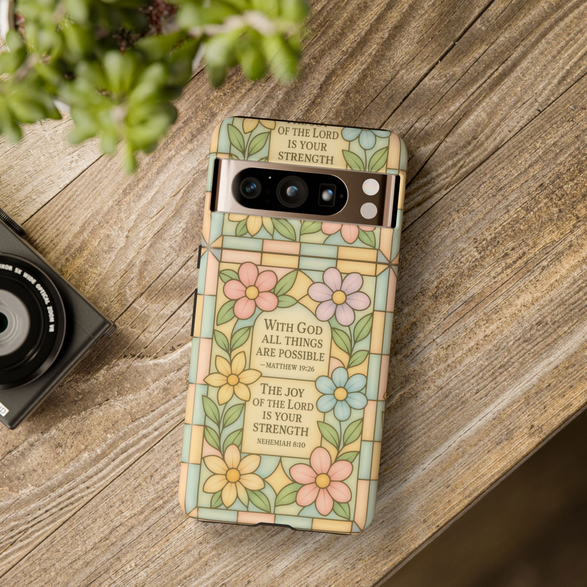 Pastel Stained Glass Bible Verse Phone Case Christian Affirmation Cover, Soft Geometric Design, iPhone Samsung Google, Faith Gift for Her Bible Verse or Affirmation | Protective, Inspirational Gift for Christians