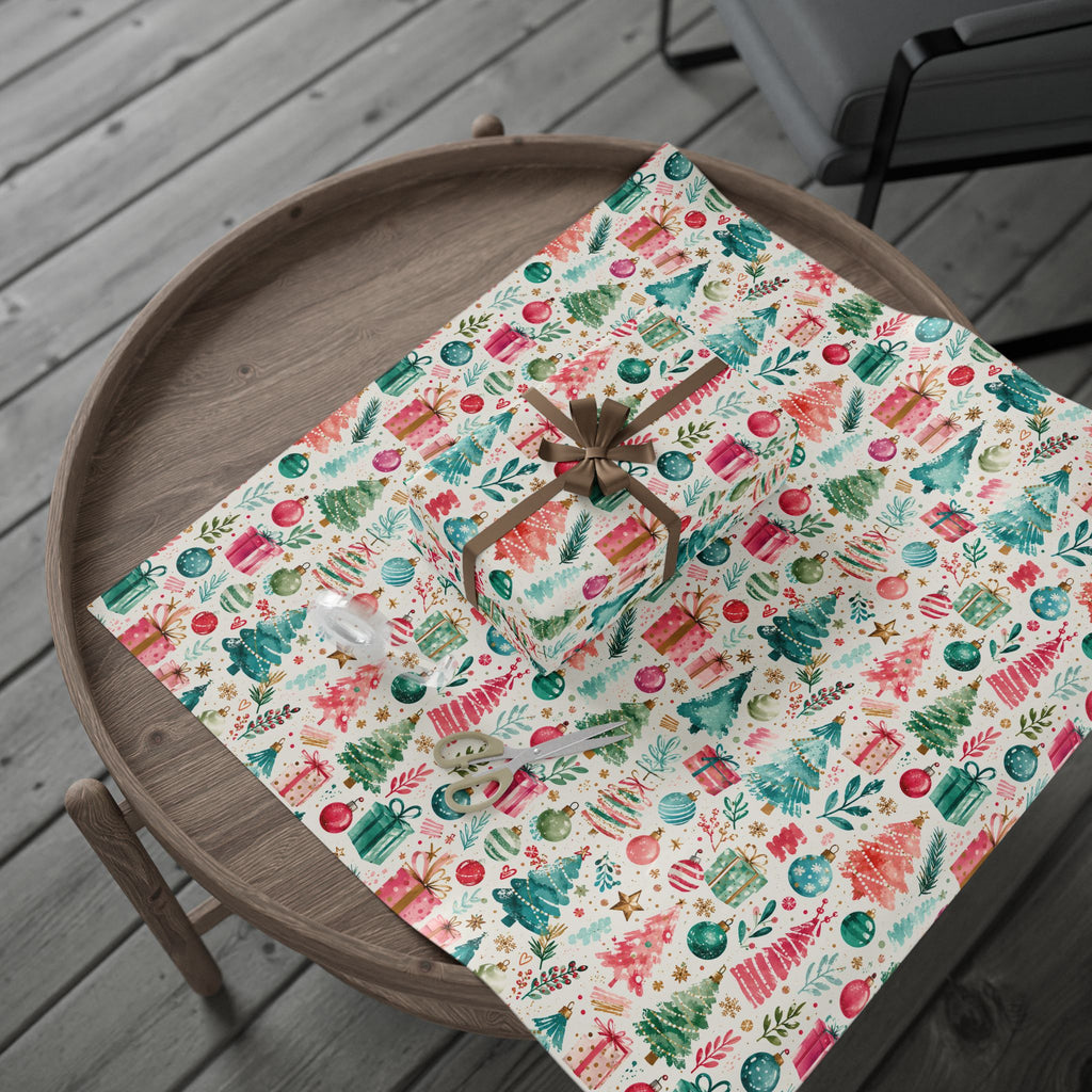 Festive Watercolor Christmas Wrapping Paper — Trees, Ornaments & Gifts Pattern