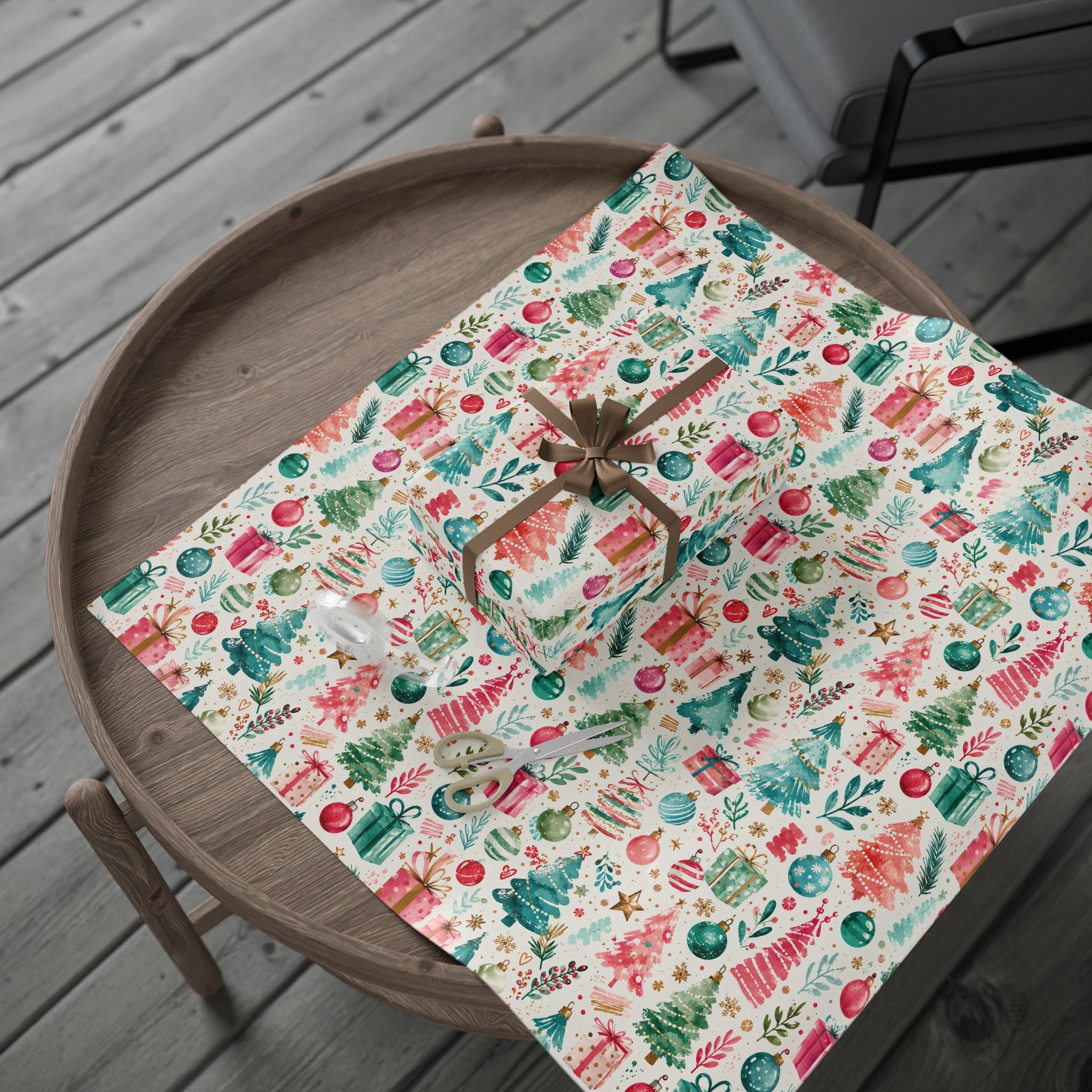 Festive Watercolor Christmas Wrapping Paper — Trees, Ornaments & Gifts Pattern