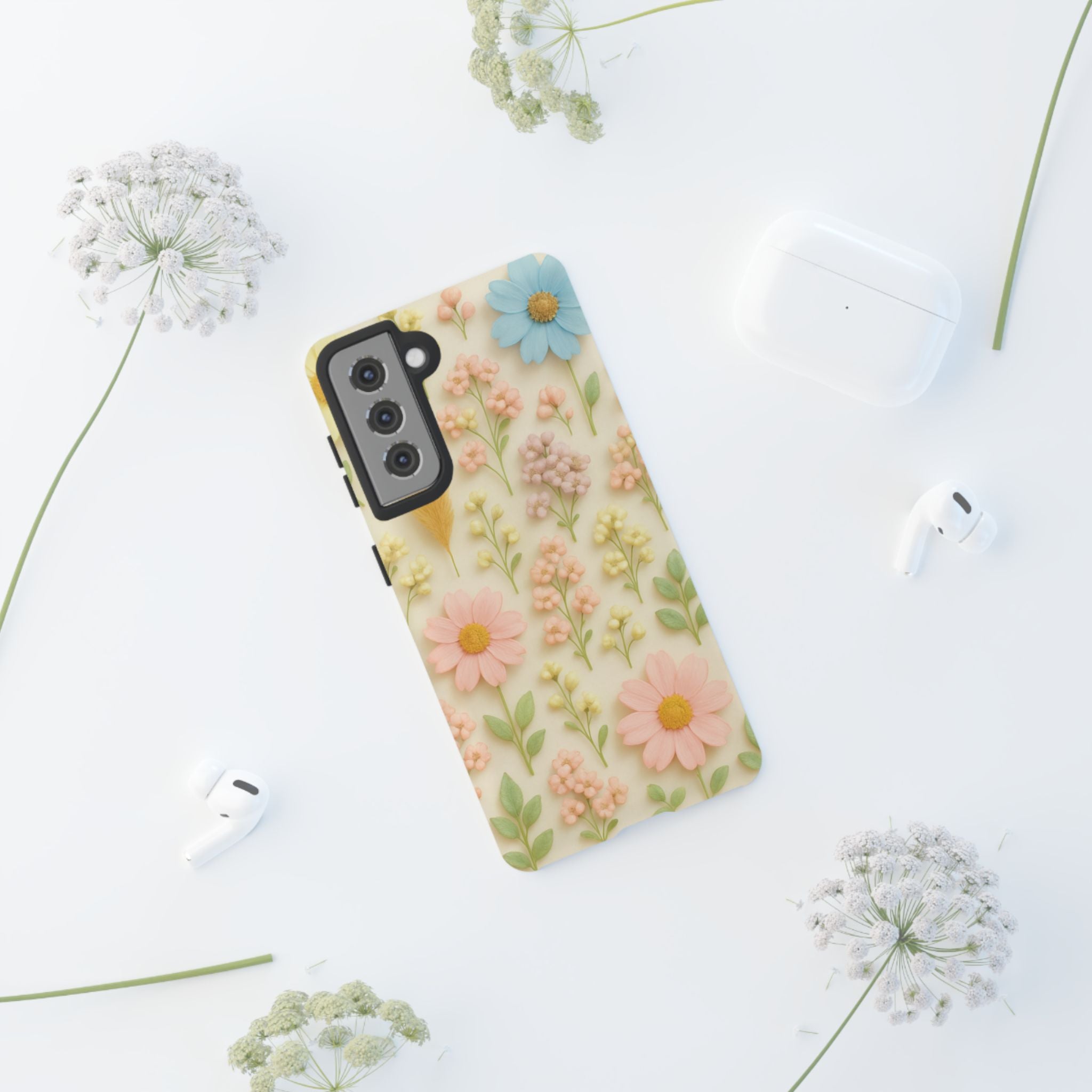 Pastel Dried Flowers Illusion Phone Case 3D Realistic Pressed Floral Design, Bright Botanical Aesthetic, Soft Nature-Inspired CoveriPhone & Galaxy