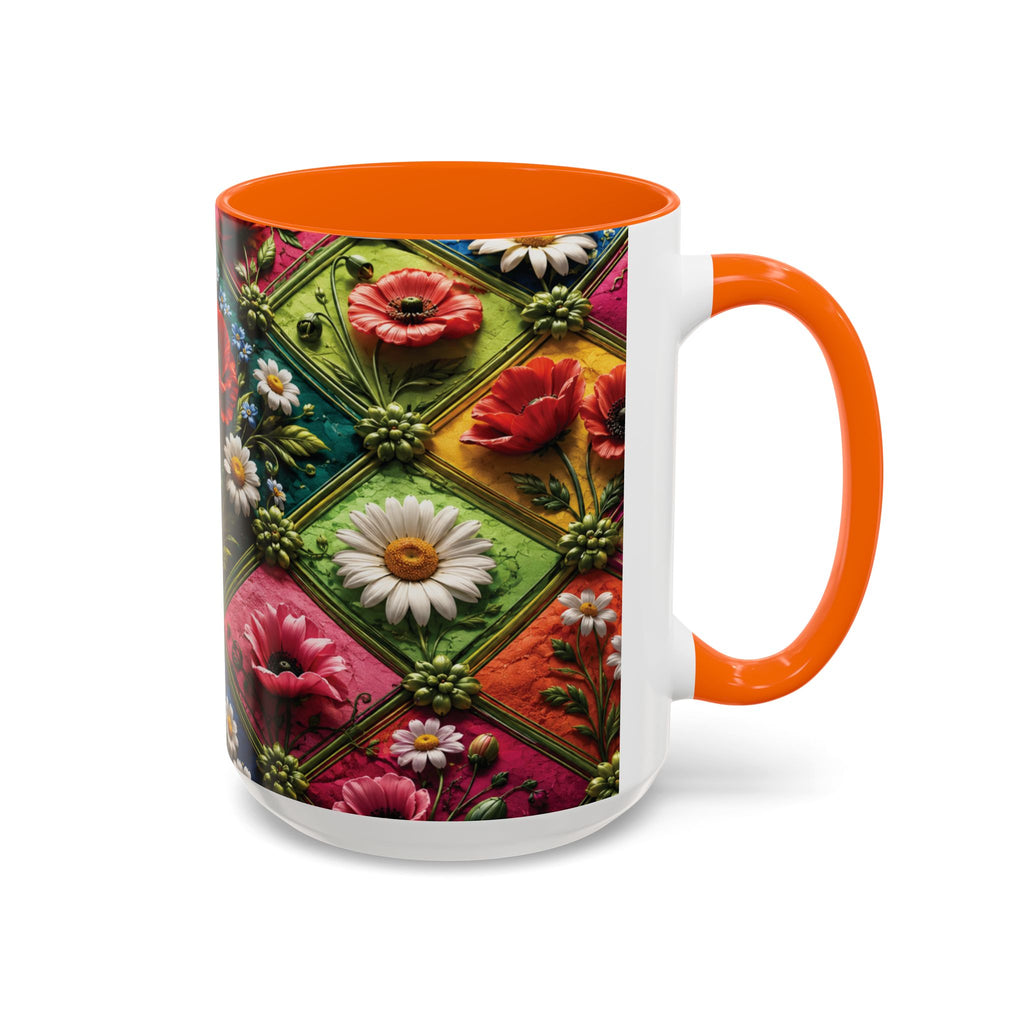 Floral Patchwork Accent Coffee Mug — Colorful Poppies & Daisies (11/15oz) 3D Illusion